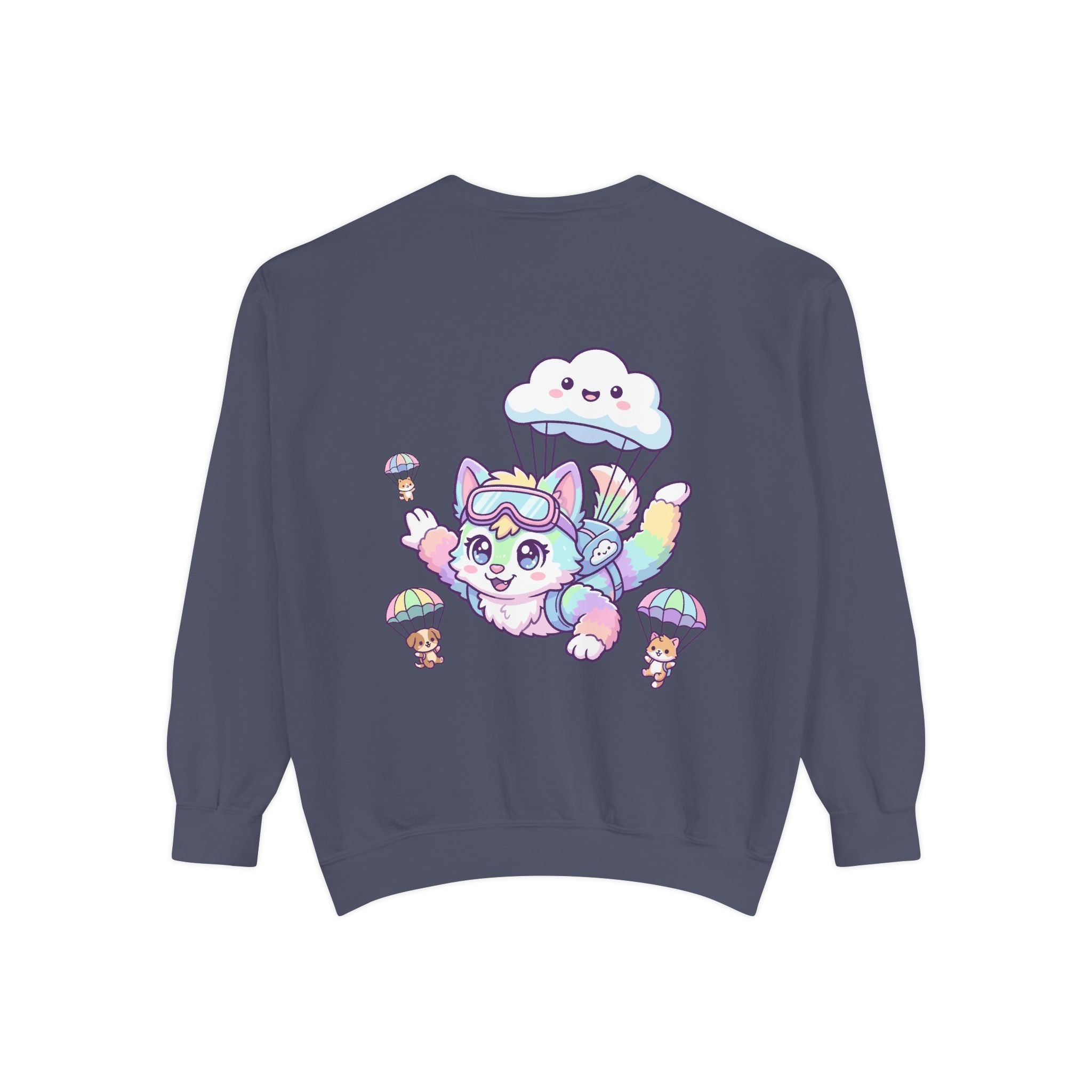 Cute Retro Rainbow Skydiving Furry Sweatshirt | Pocket Graphic T-Shirt