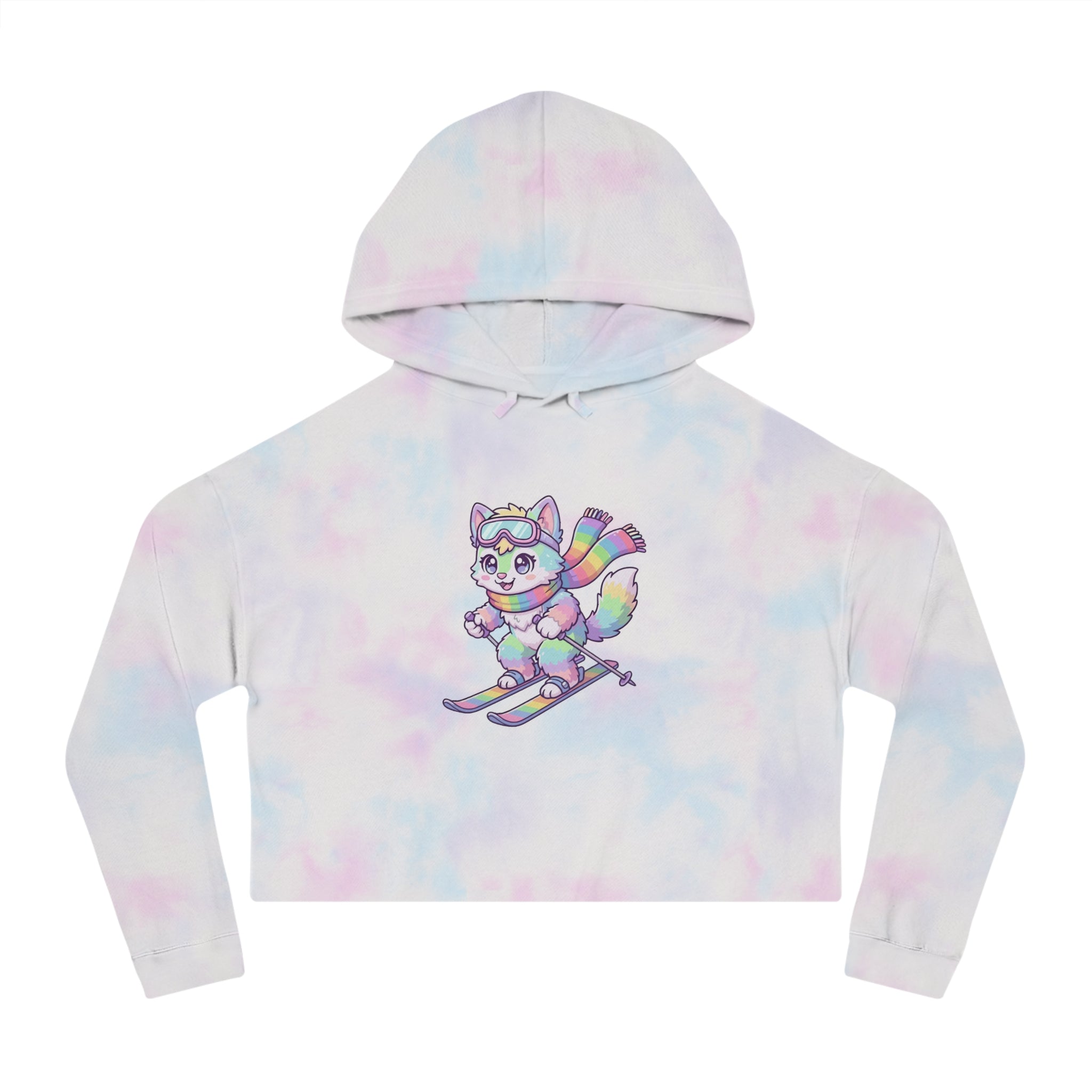 Rainbow Ski Cat Cropped Hoodie — Cute Pastel Cat Skiing Graphic Sweatshirt