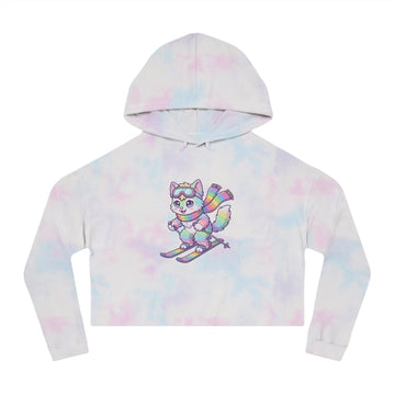 Rainbow Ski Cat Cropped Hoodie — Cute Pastel Cat Skiing Graphic Sweatshirt