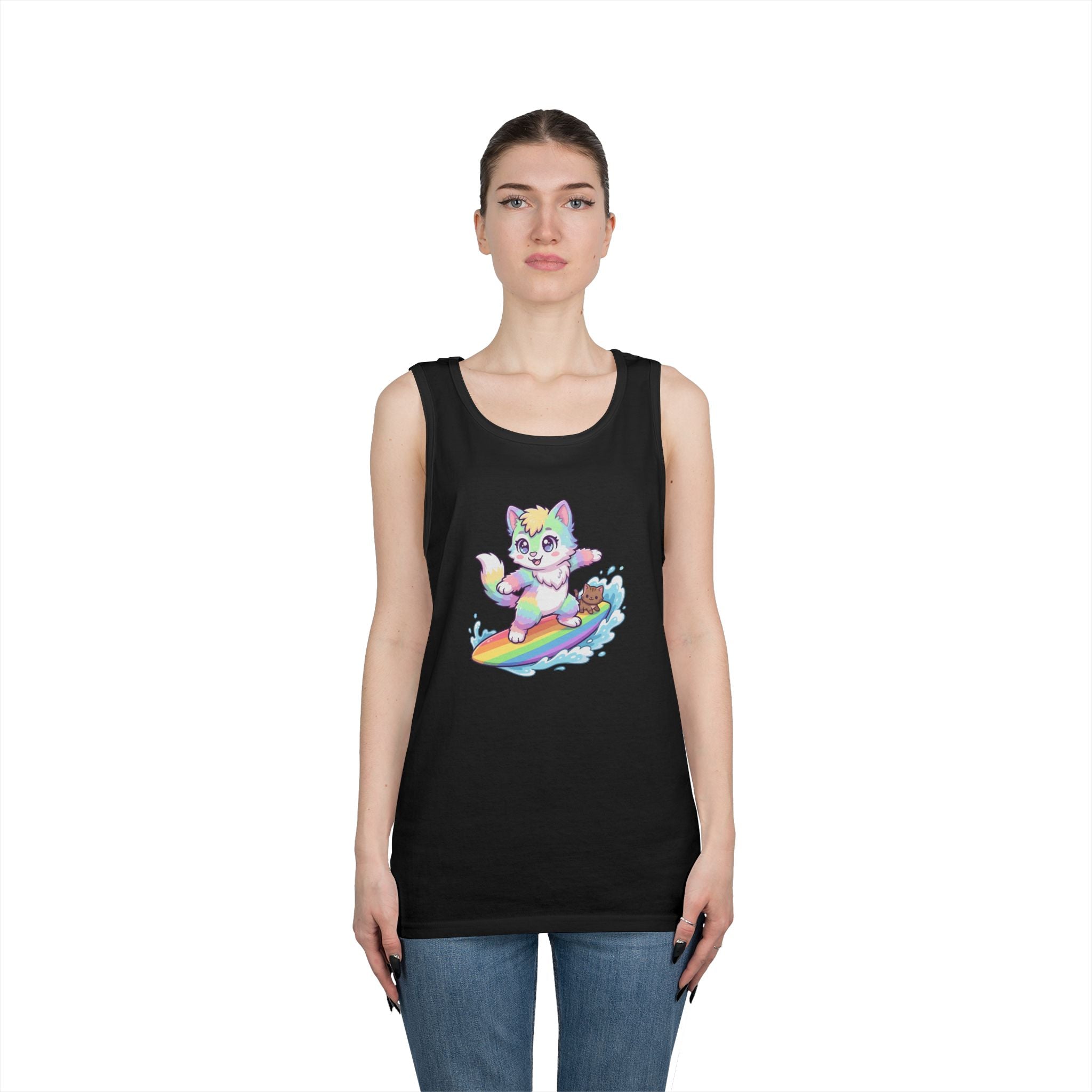 Kawaii Cat Surfing Rainbow Tank