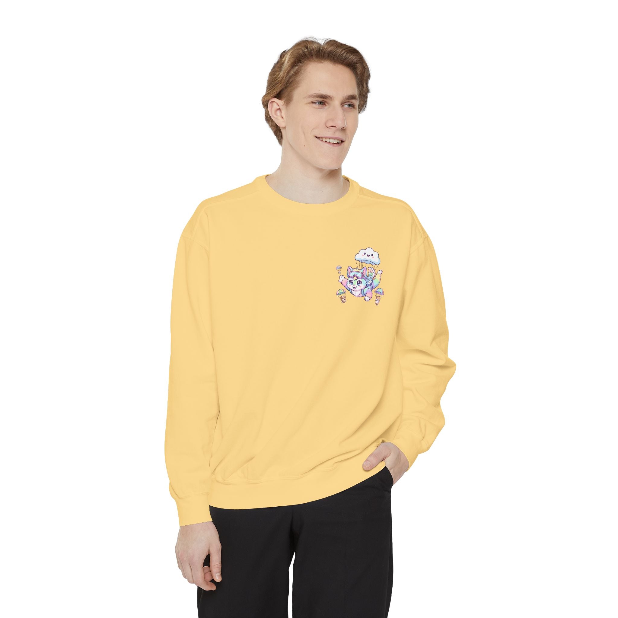 Cute Retro Rainbow Skydiving Furry Sweatshirt | Pocket Graphic T-Shirt