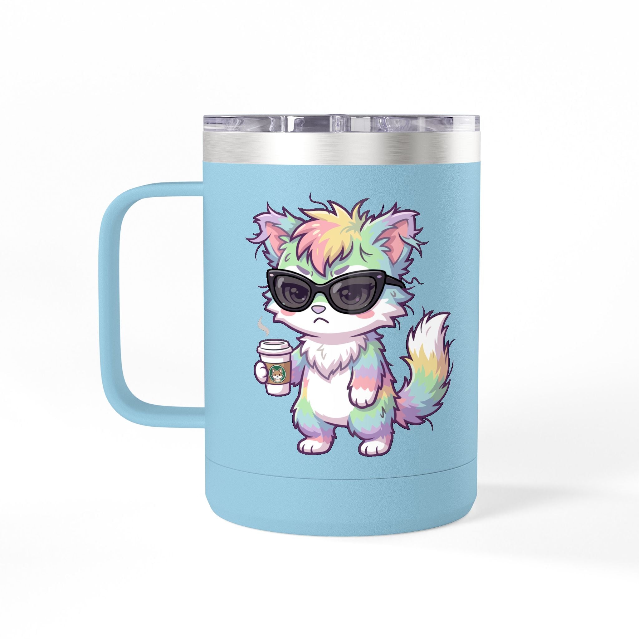 15oz Travel Mug – Cute Grumpy Rainbow Furry with Coffee