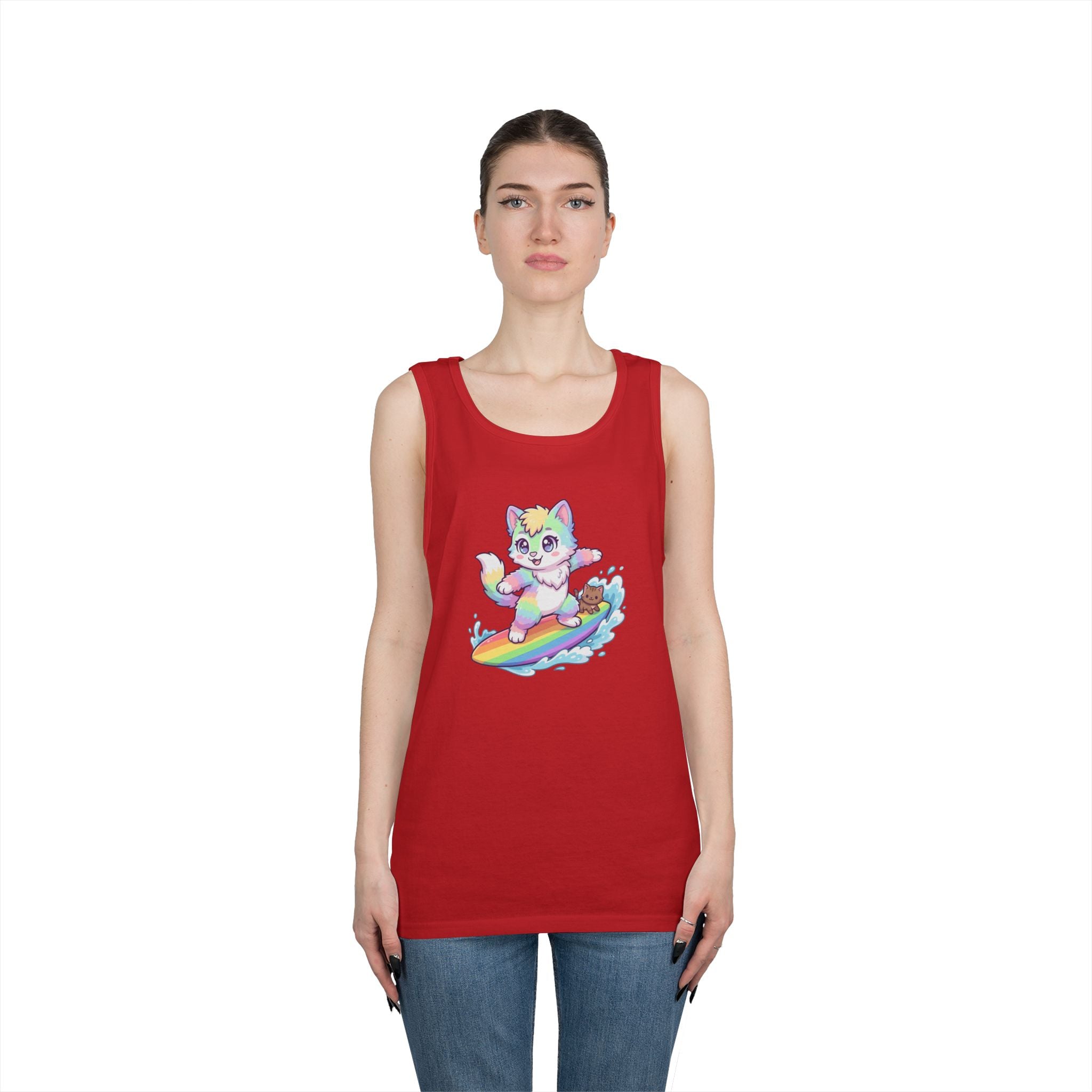 Kawaii Cat Surfing Rainbow Tank