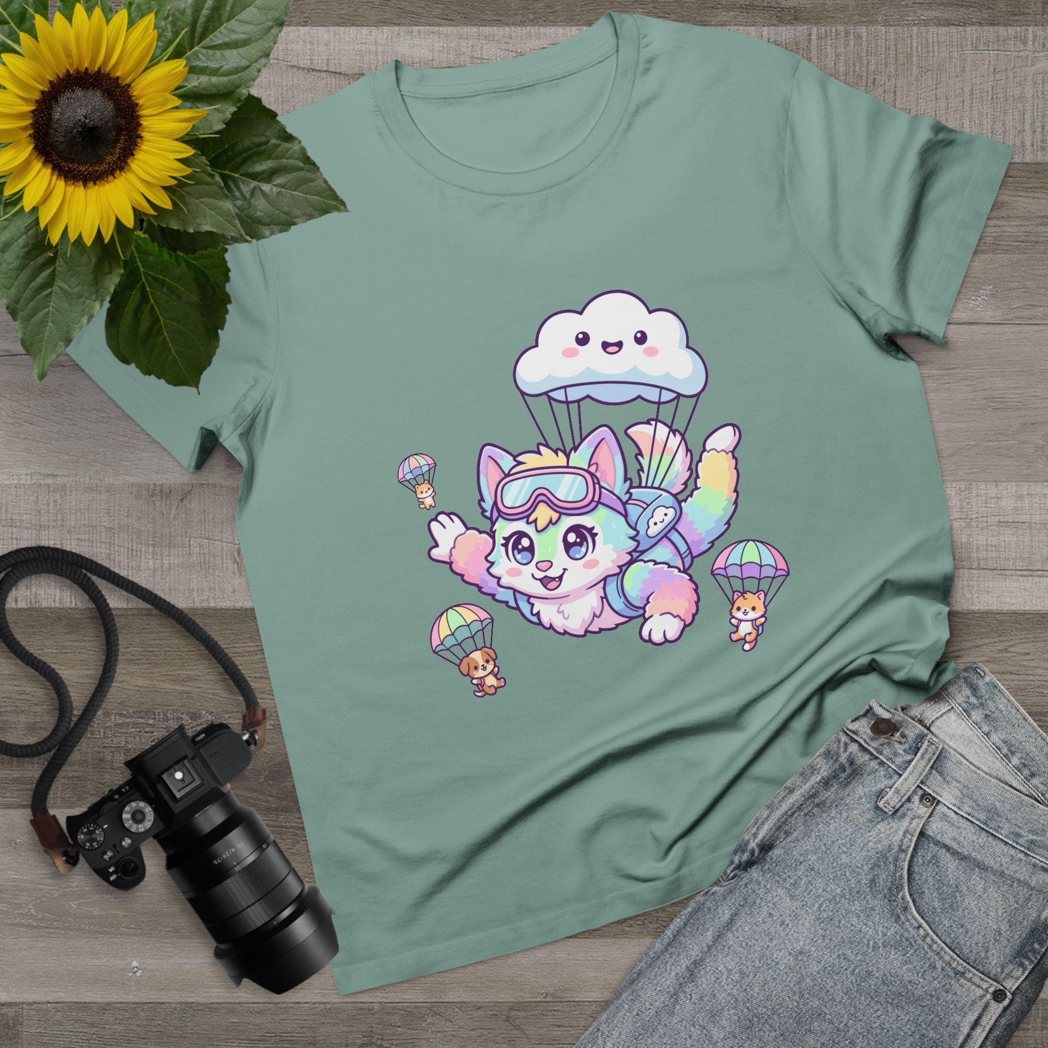Pastel Rainbow Furry Skydiving Character Tee | Cute Pet Pals