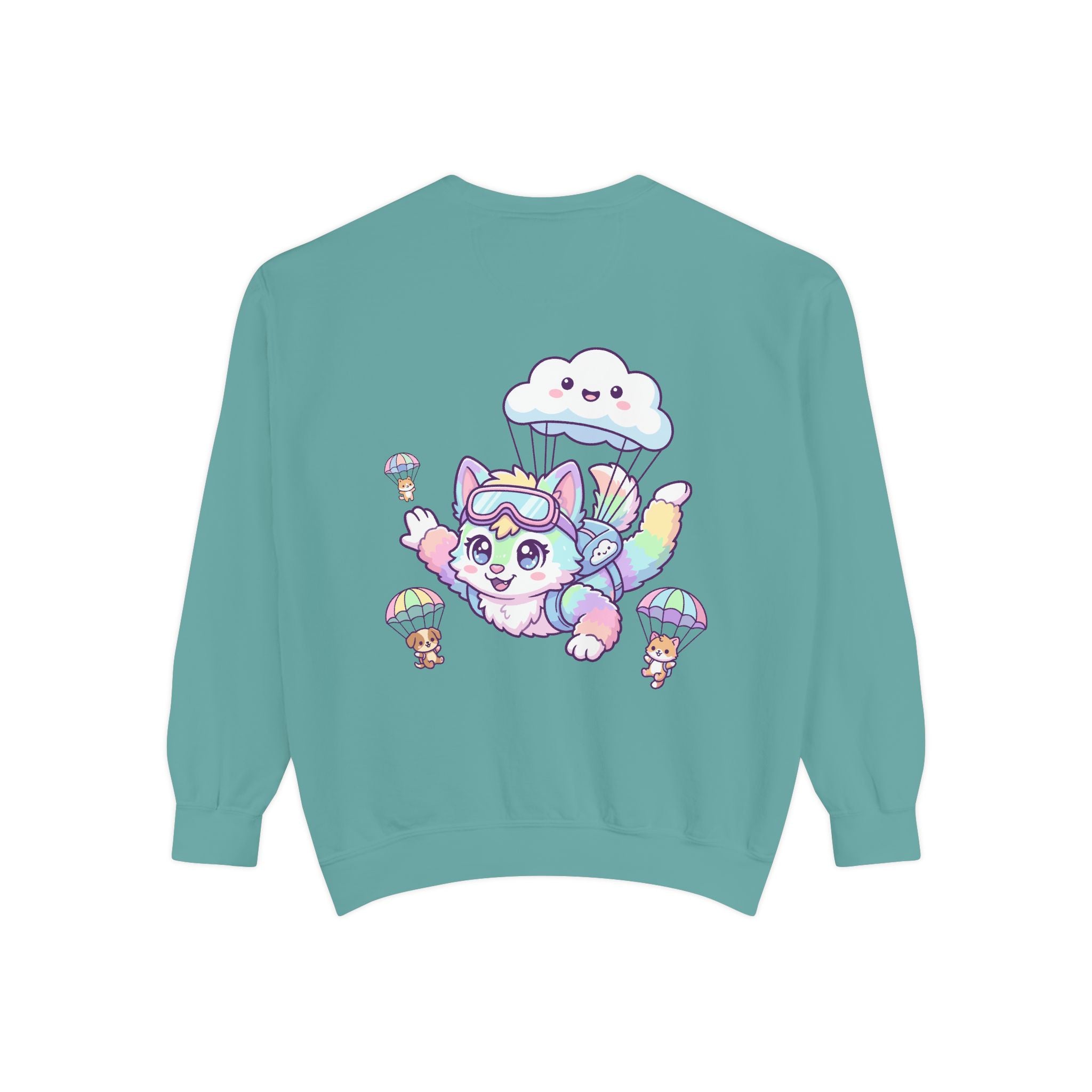 Cute Retro Rainbow Skydiving Furry Sweatshirt | Pocket Graphic T-Shirt