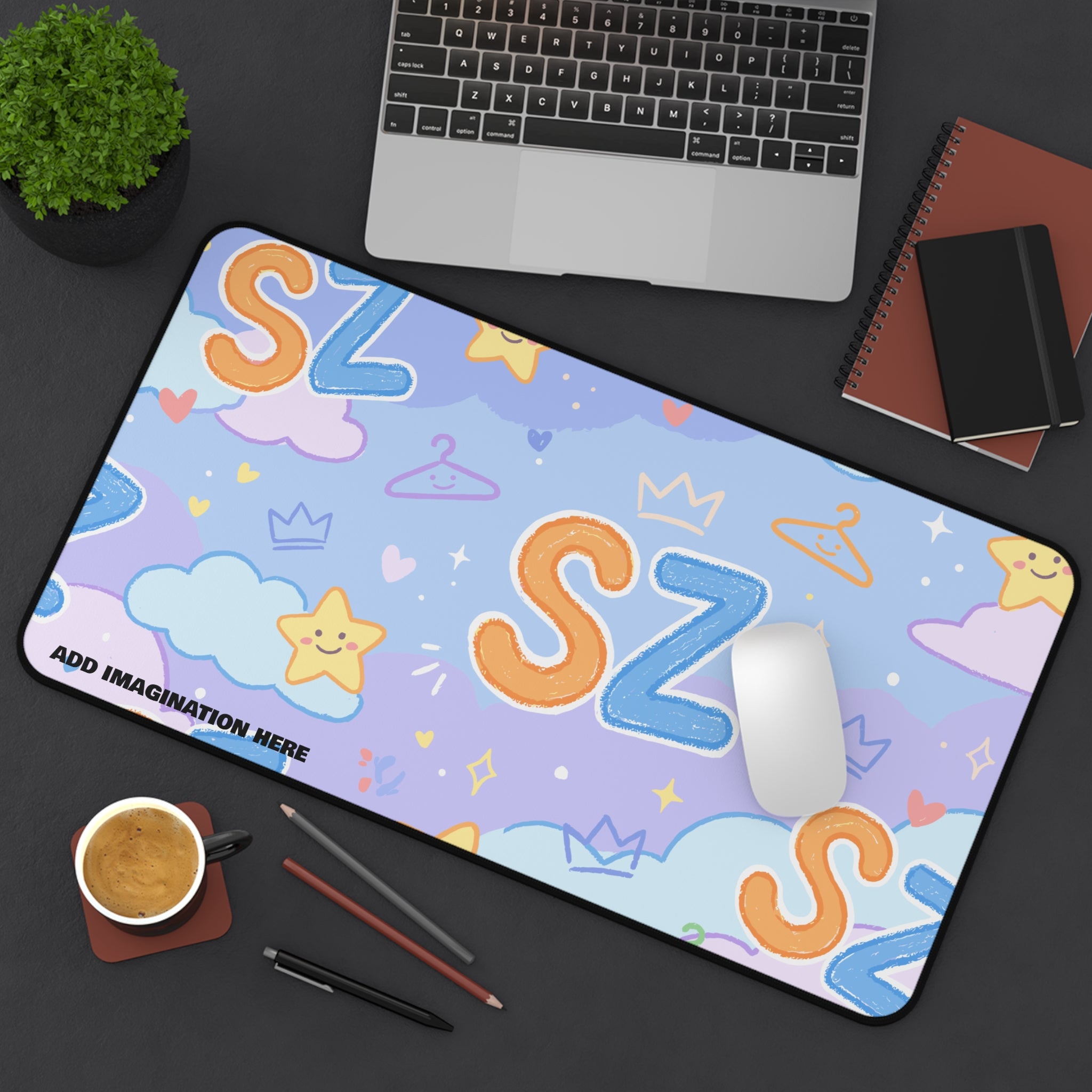 Cute Pastel 'SZ' Desk Mat — Kawaii Stars & Clouds Mouse Pad