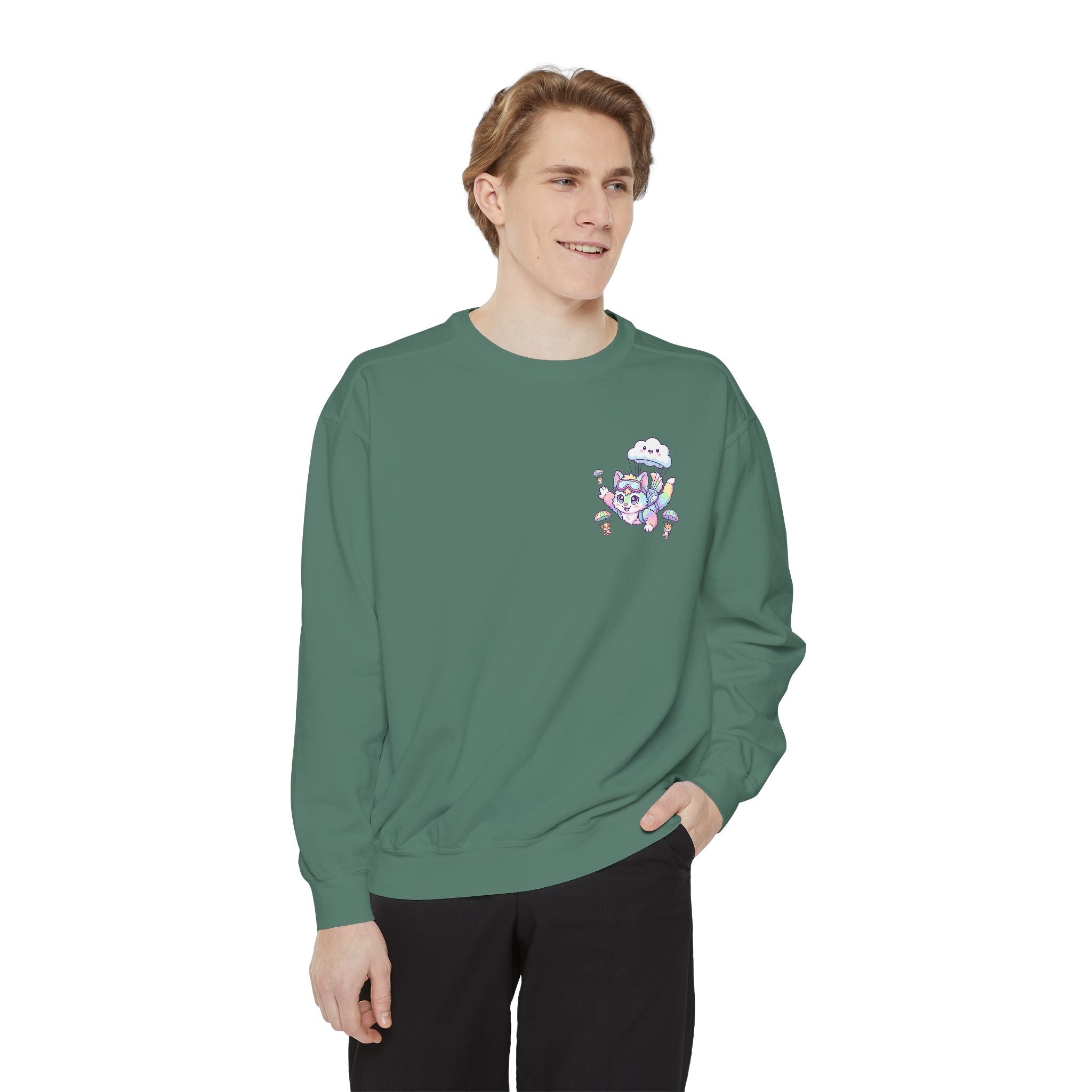 Cute Retro Rainbow Skydiving Furry Sweatshirt | Pocket Graphic T-Shirt