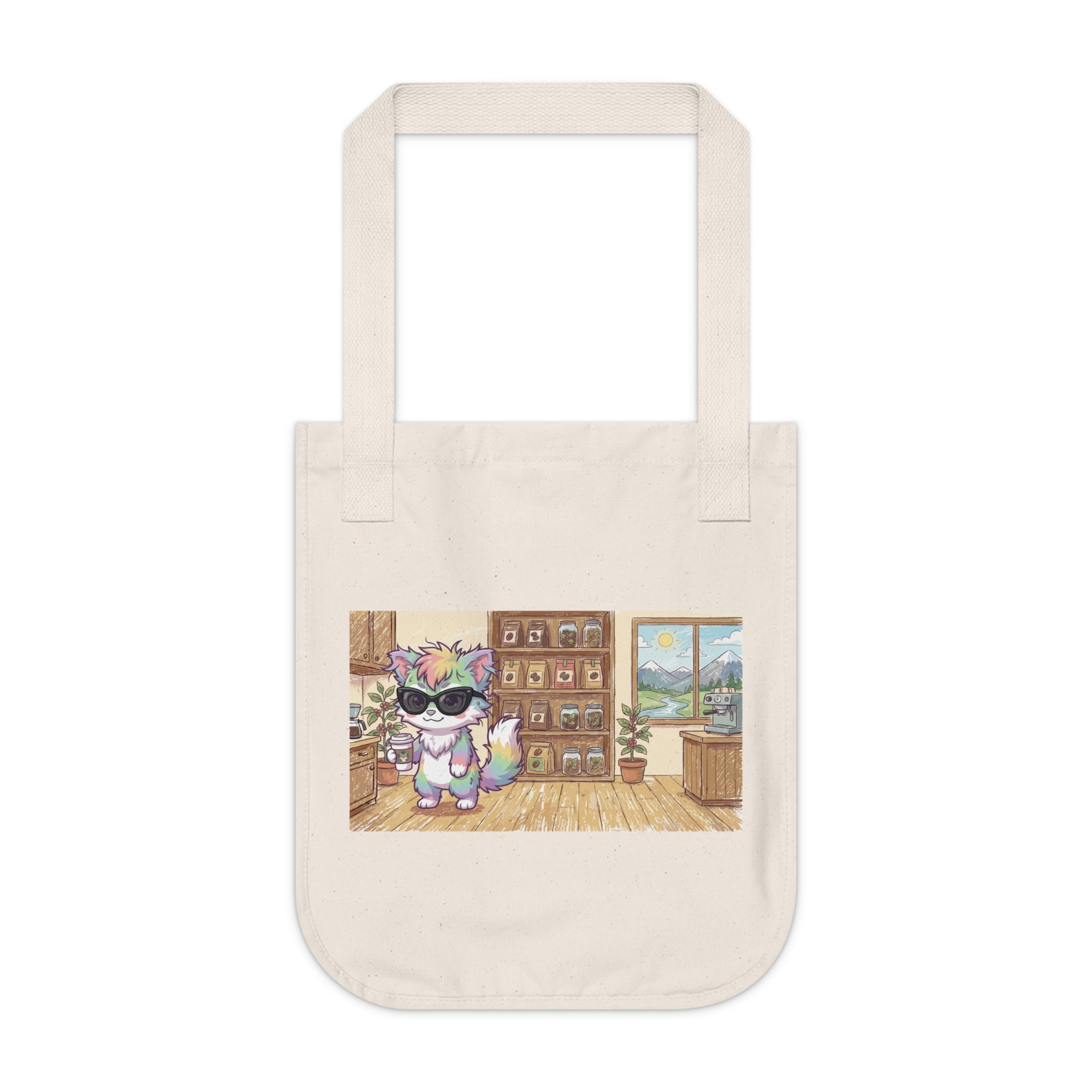 Coffee Cute Cat Bookshop Tote — Organic Canvas Bag with Sunglasses Cat Illustration