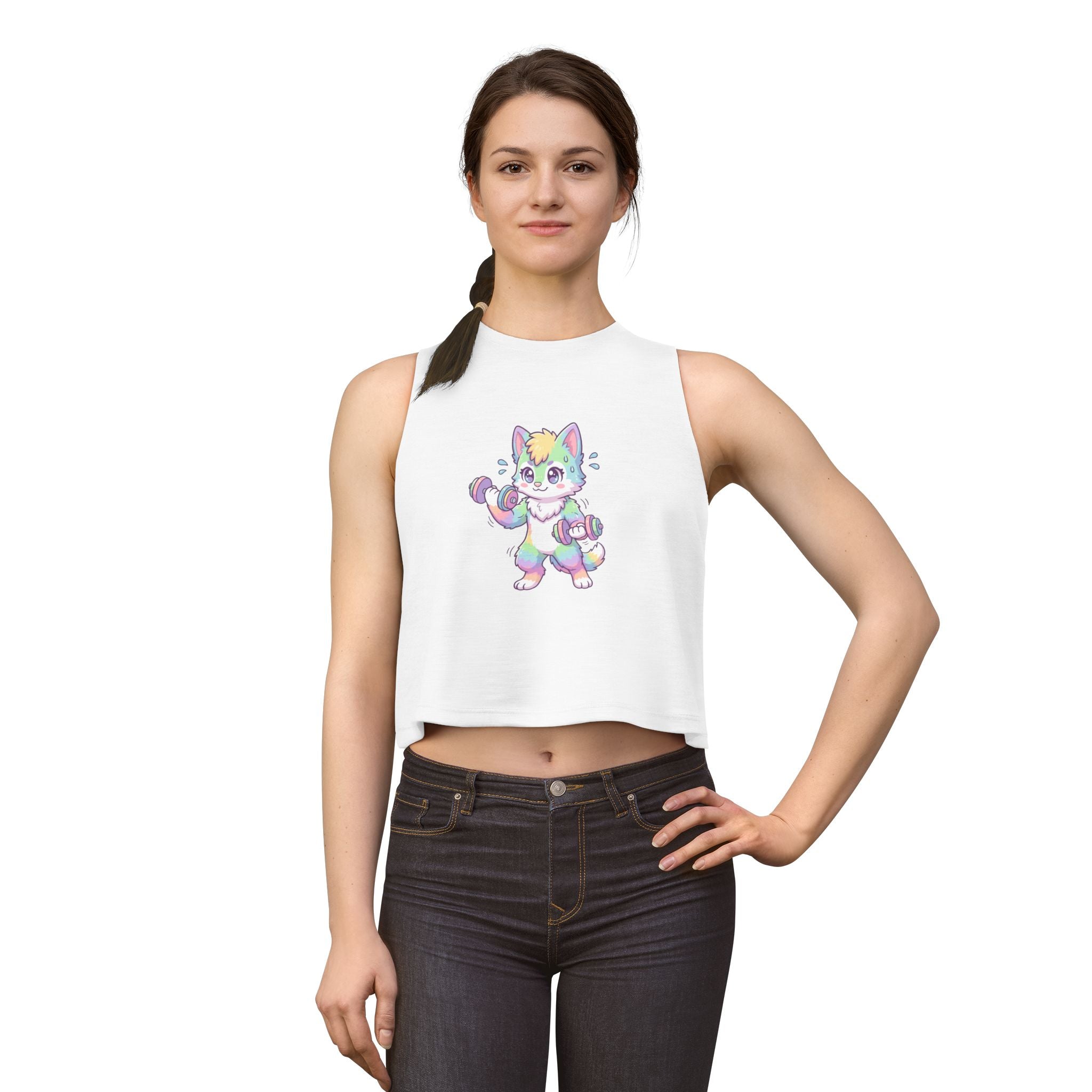 Lift Cute Pastel Fitness Cat Crop Top — Rainbow Kitty with Dumbbells