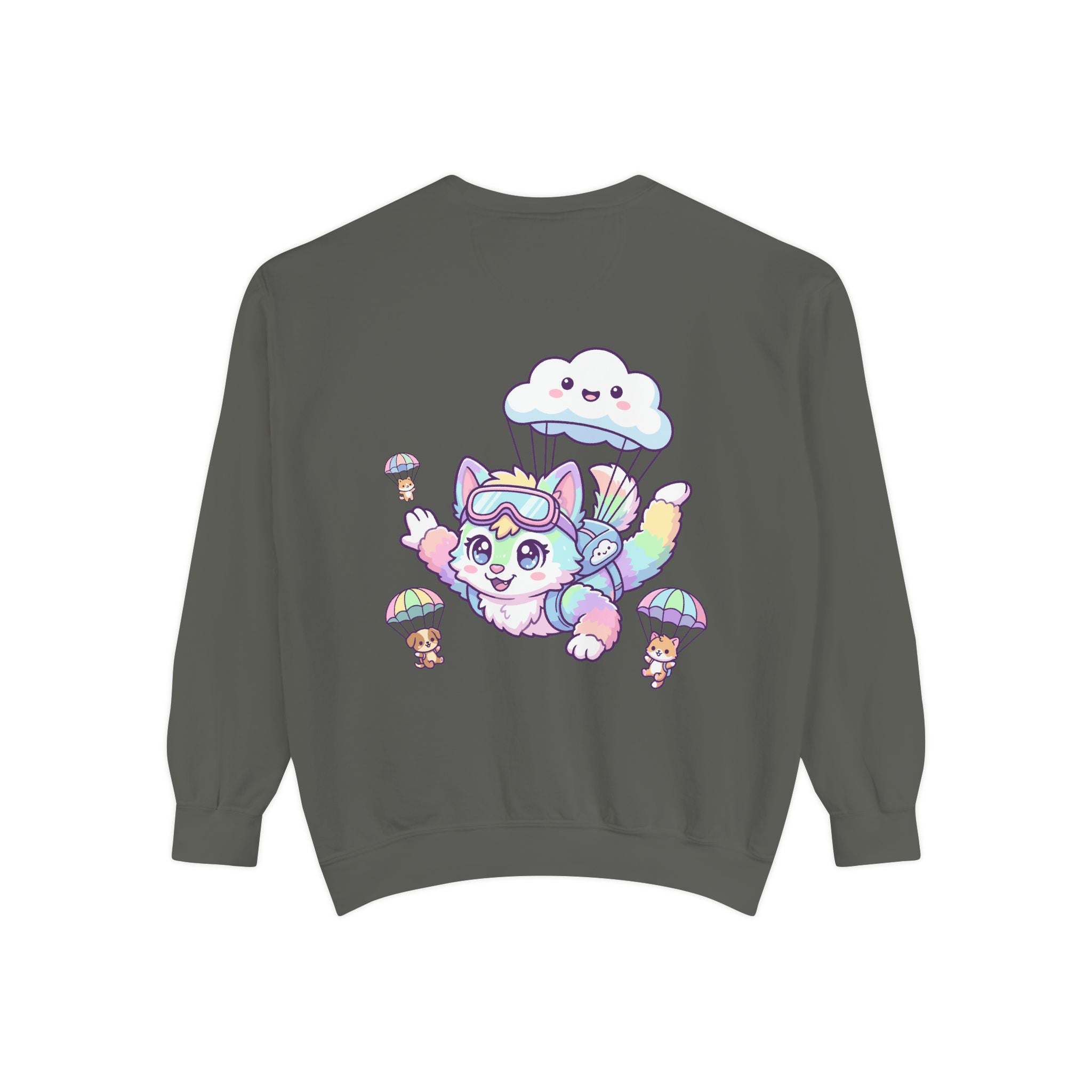 Cute Retro Rainbow Skydiving Furry Sweatshirt | Pocket Graphic T-Shirt