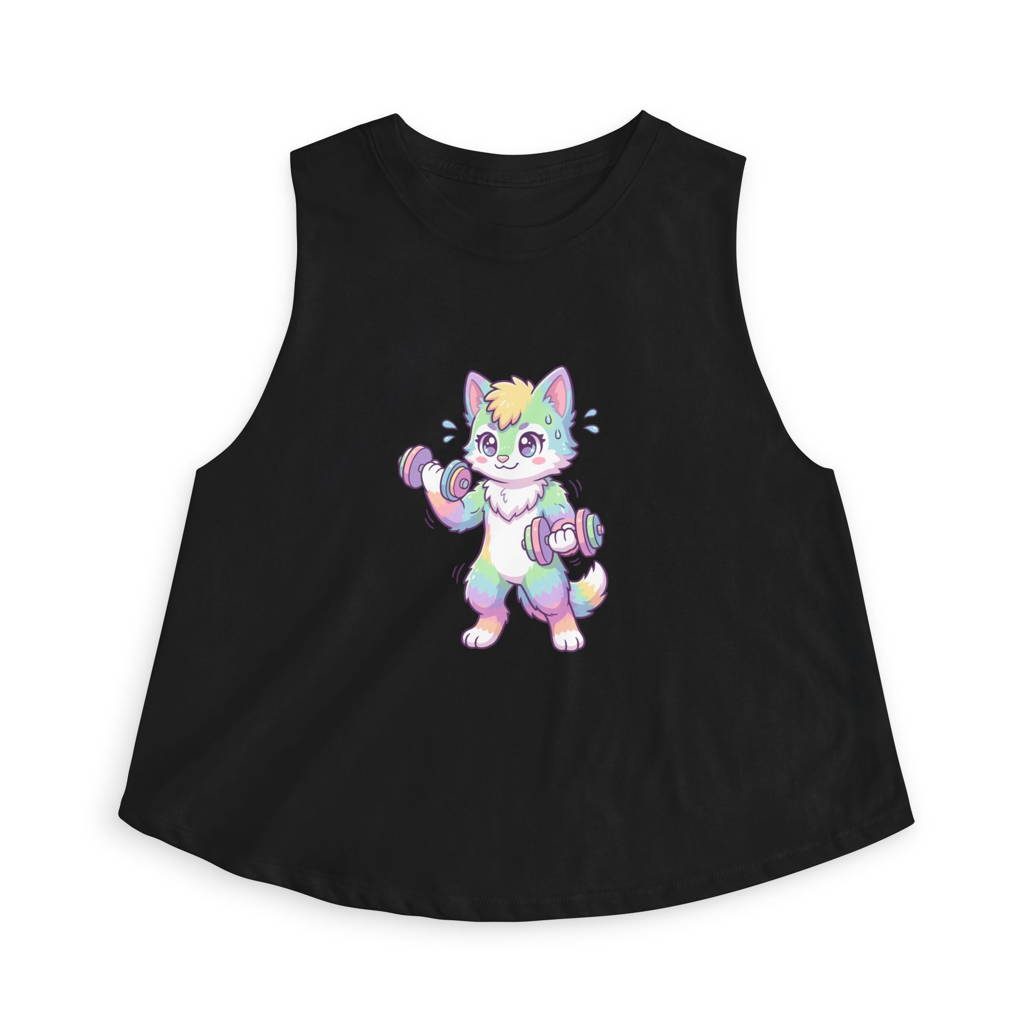 Lift Cute Pastel Fitness Cat Crop Top — Rainbow Kitty with Dumbbells