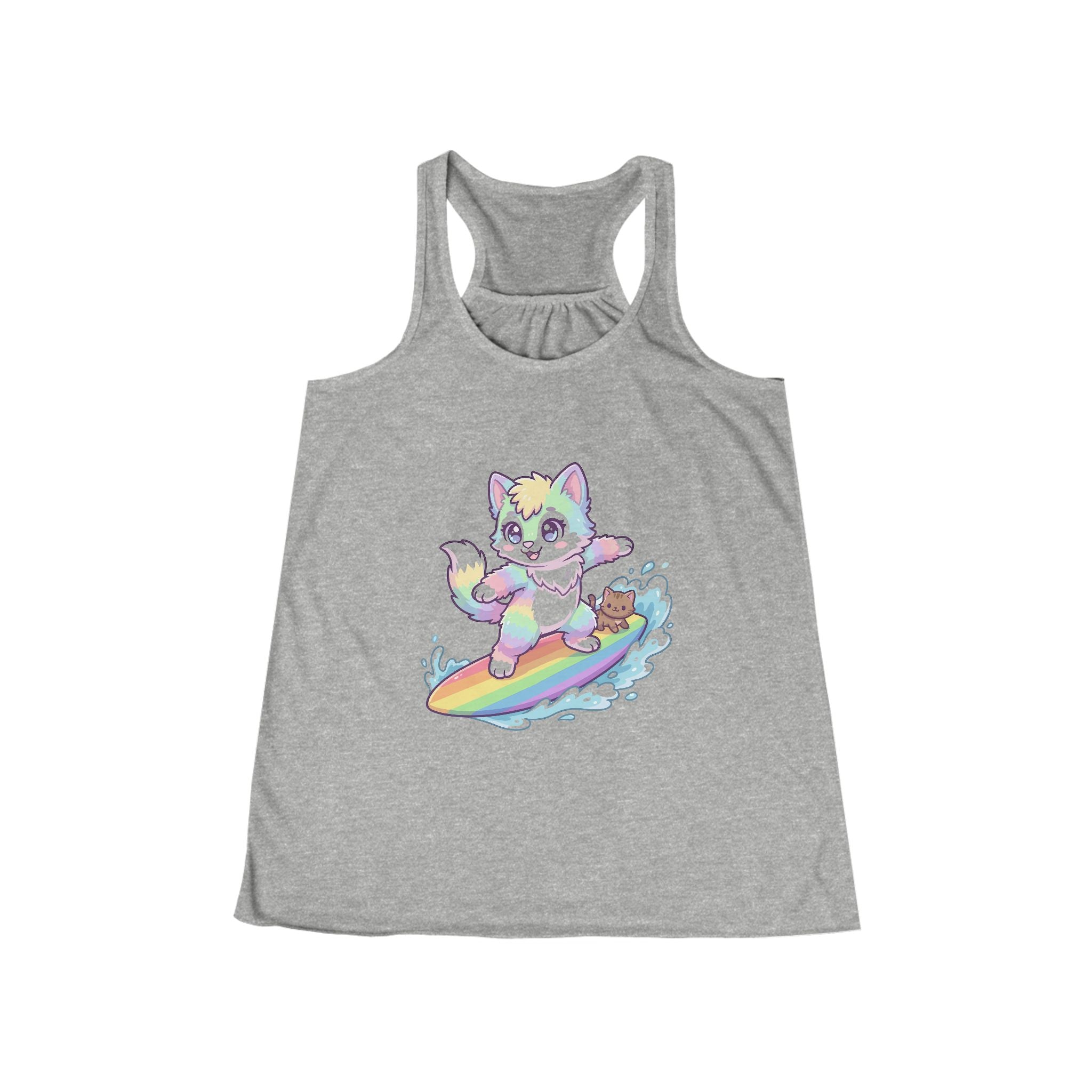 Cute Surfing Kitty Tank Top — Pastel Rainbow Cat on Surfboard Women's Flowy Racerback