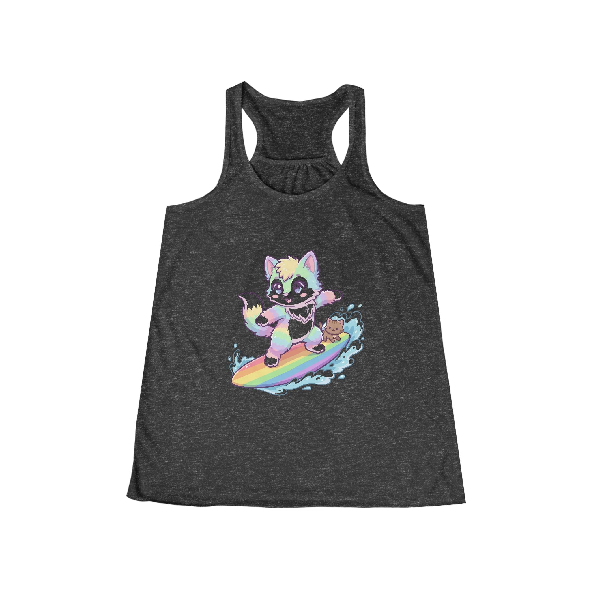 Cute Surfing Kitty Tank Top — Pastel Rainbow Cat on Surfboard Women's Flowy Racerback