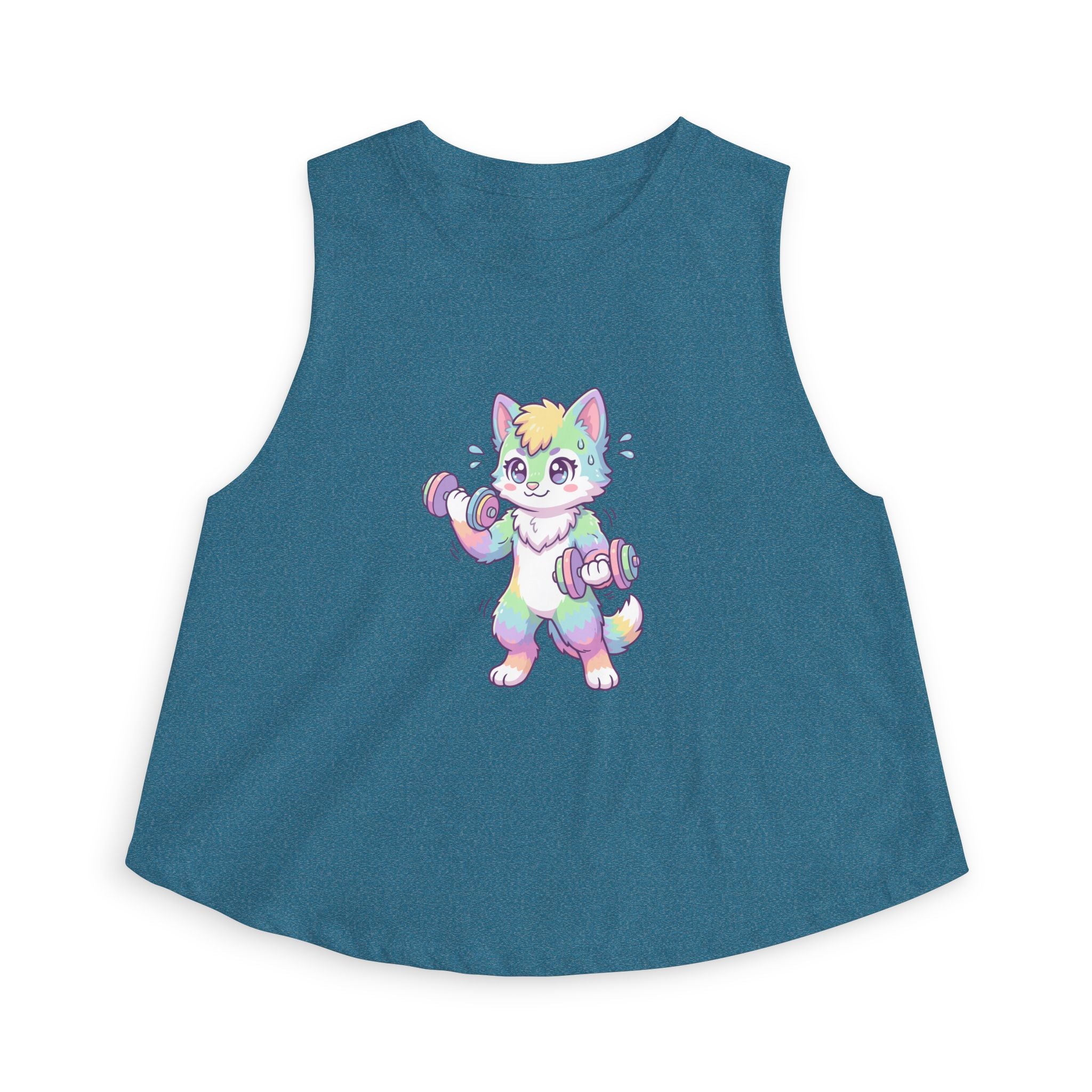 Lift Cute Pastel Fitness Cat Crop Top — Rainbow Kitty with Dumbbells