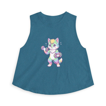 Lift Cute Pastel Fitness Cat Crop Top — Rainbow Kitty with Dumbbells