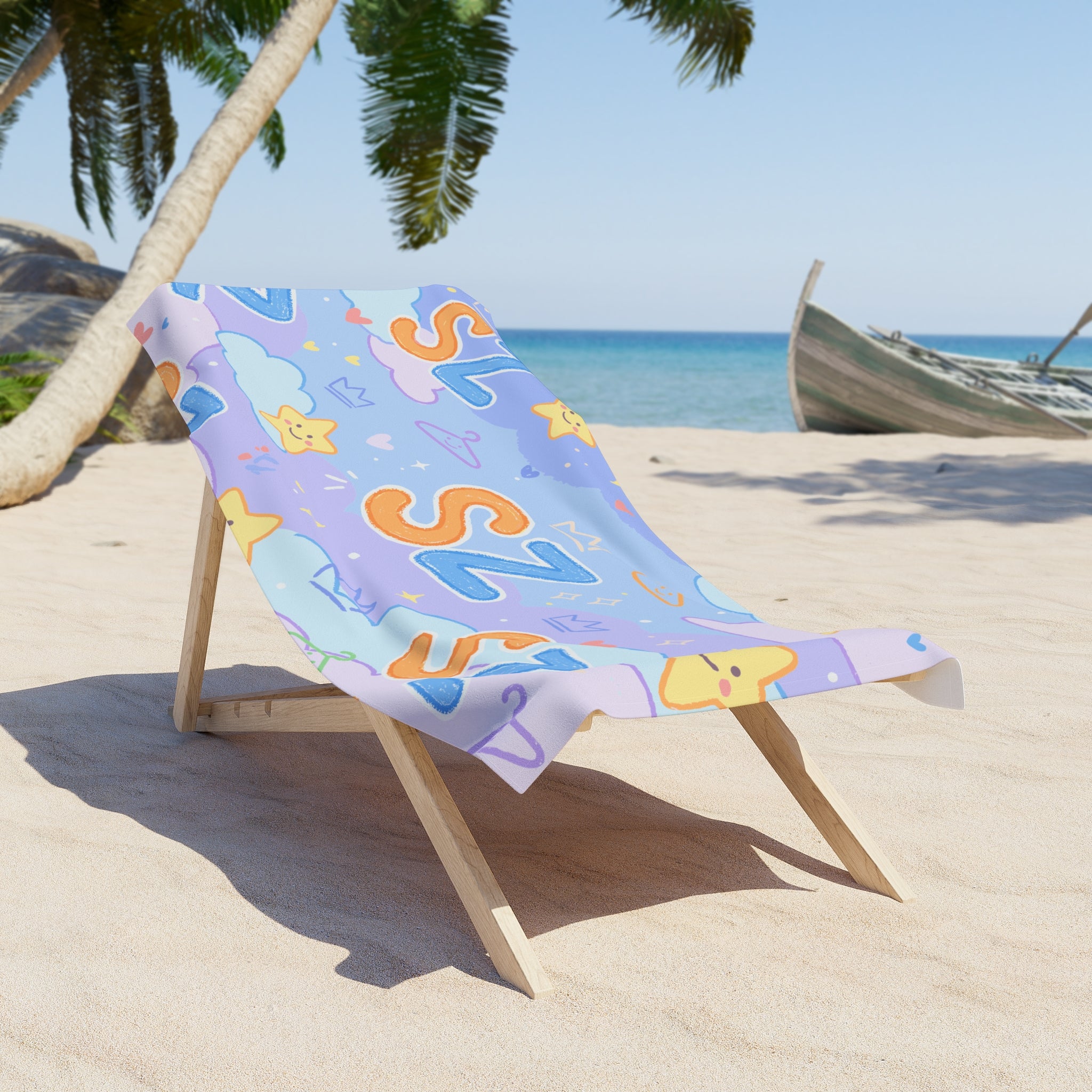Personalized 'SZ' Beach Towel — Cute Pastel Stars & Clouds Summer Towel
