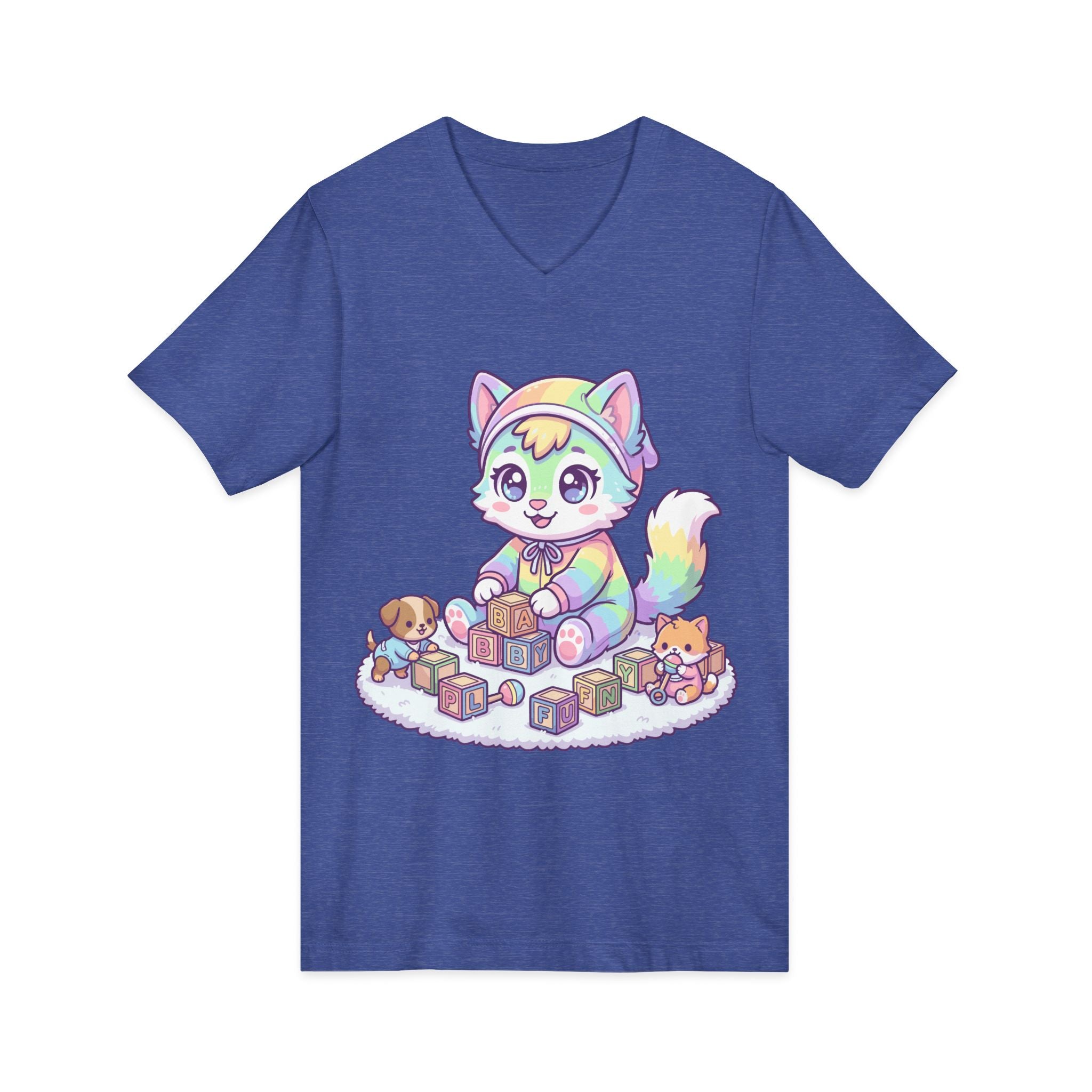 Baby Kawaii Rainbow Kitten Playing With Blocks V-Neck Tee