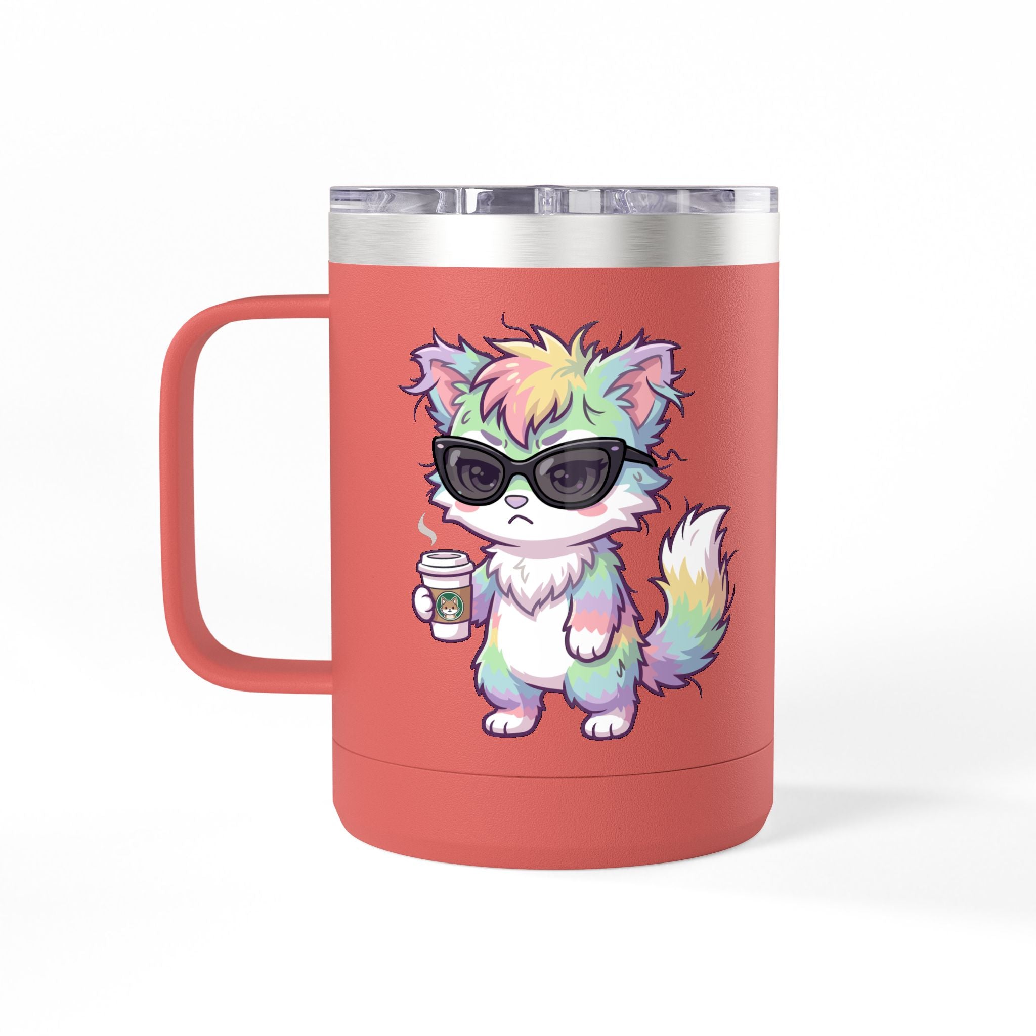 15oz Travel Mug – Cute Grumpy Rainbow Furry with Coffee