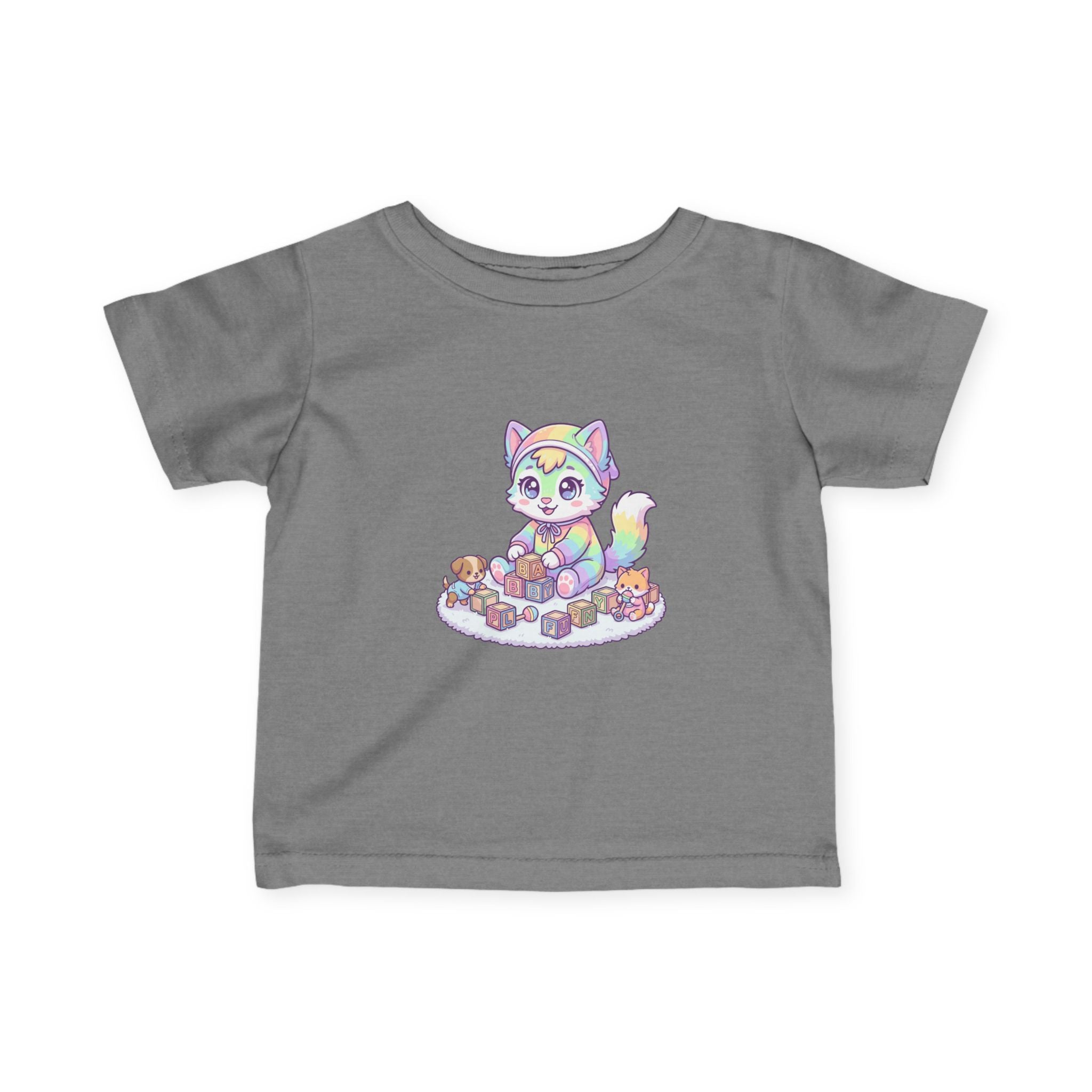 Pastel Rainbow Kitten Infant Tee – Cute Kitty with Toy Blocks