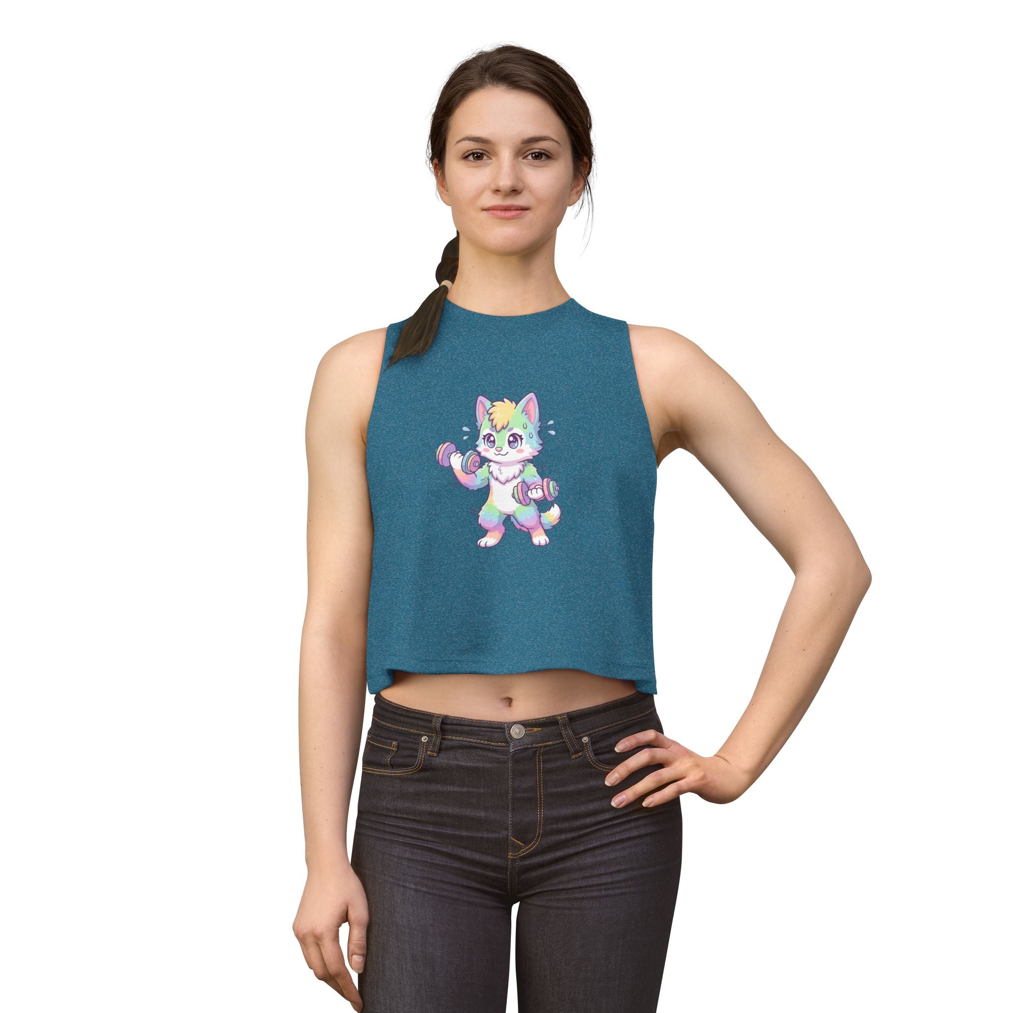 Lift Cute Pastel Fitness Cat Crop Top — Rainbow Kitty with Dumbbells