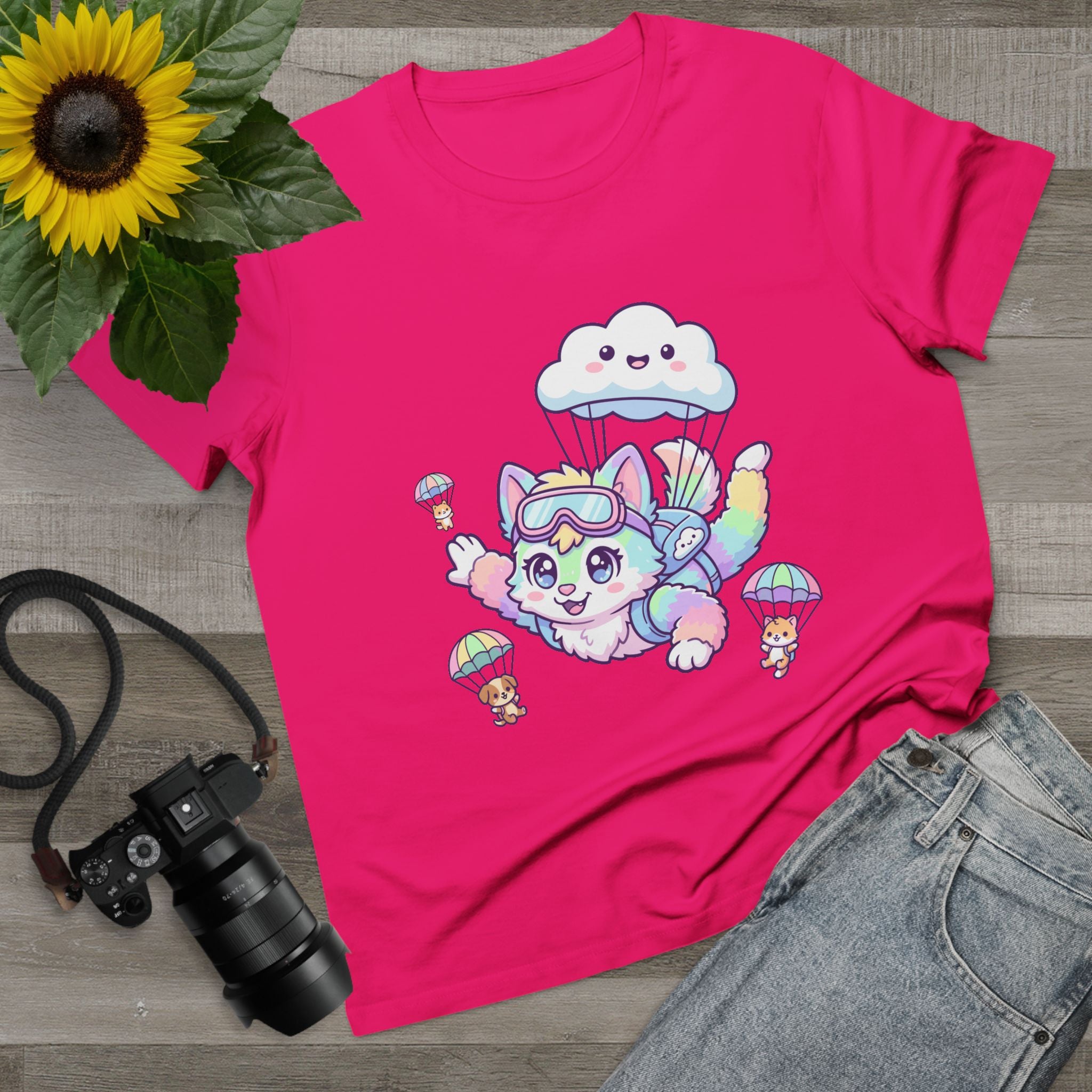 Pastel Rainbow Furry Skydiving Character Tee | Cute Pet Pals