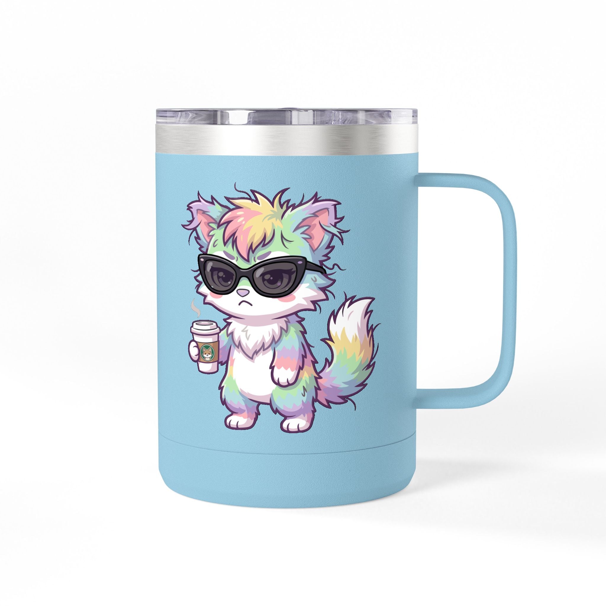 15oz Travel Mug – Cute Grumpy Rainbow Furry with Coffee