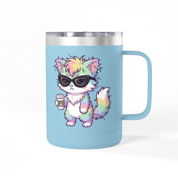 15oz Travel Mug – Cute Grumpy Rainbow Furry with Coffee
