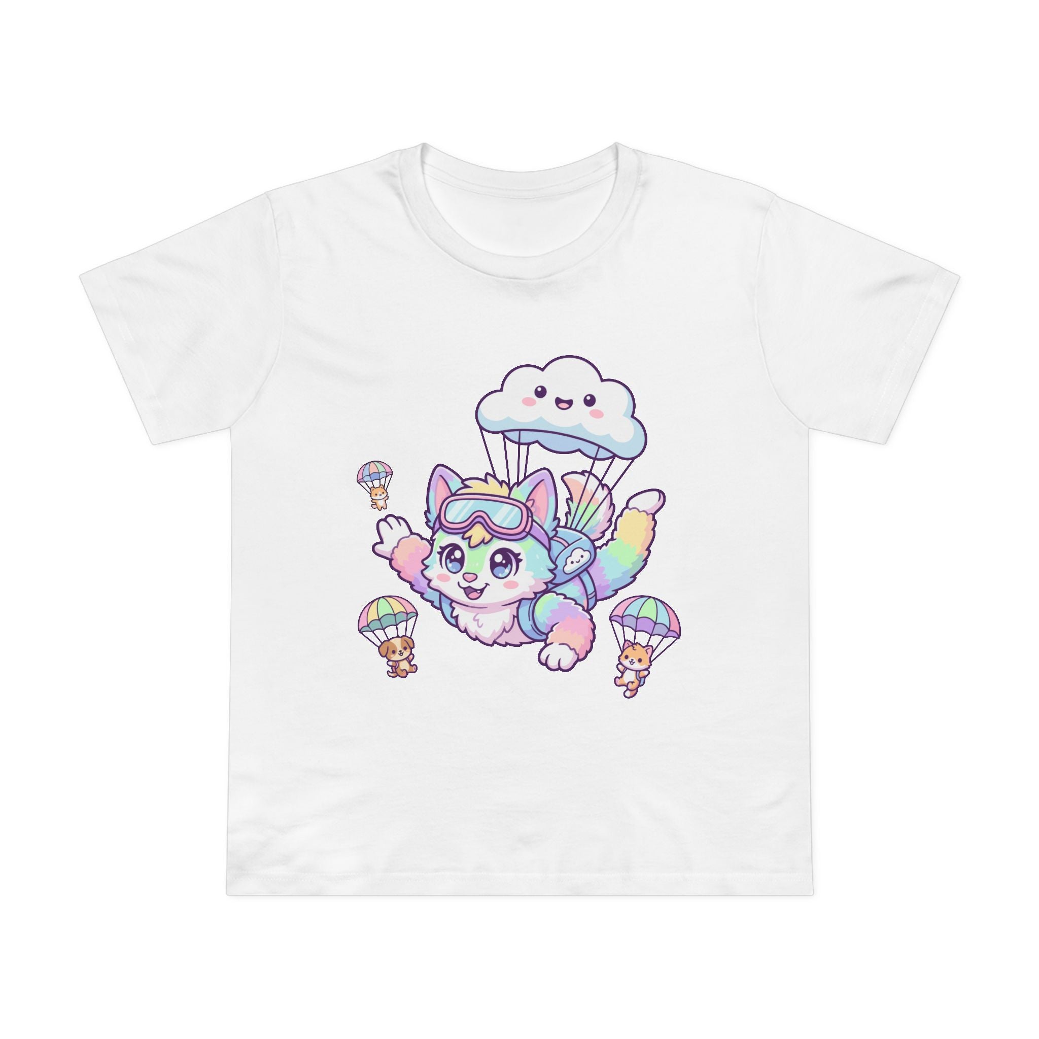 Pastel Rainbow Furry Skydiving Character Tee | Cute Pet Pals