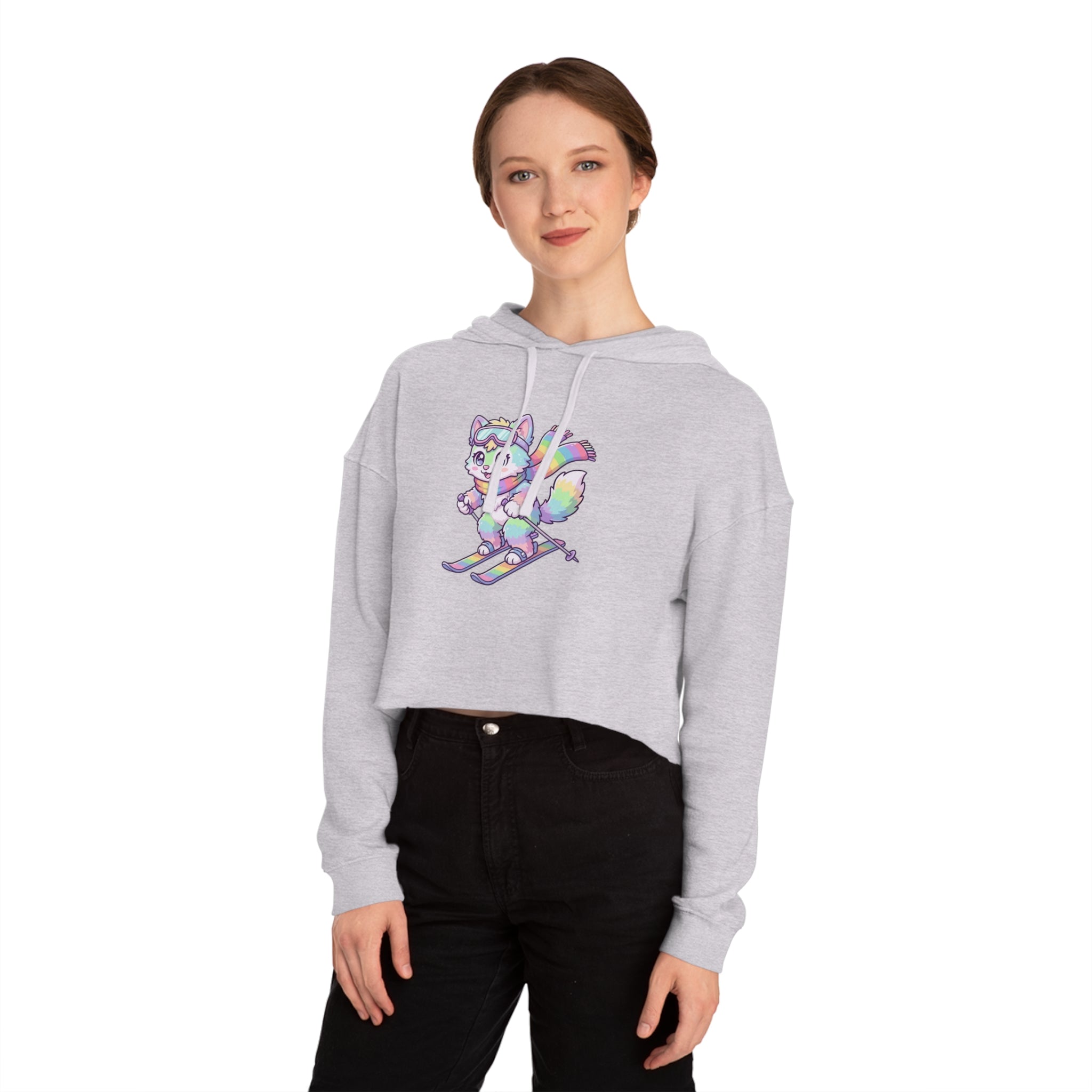 Rainbow Ski Cat Cropped Hoodie — Cute Pastel Cat Skiing Graphic Sweatshirt