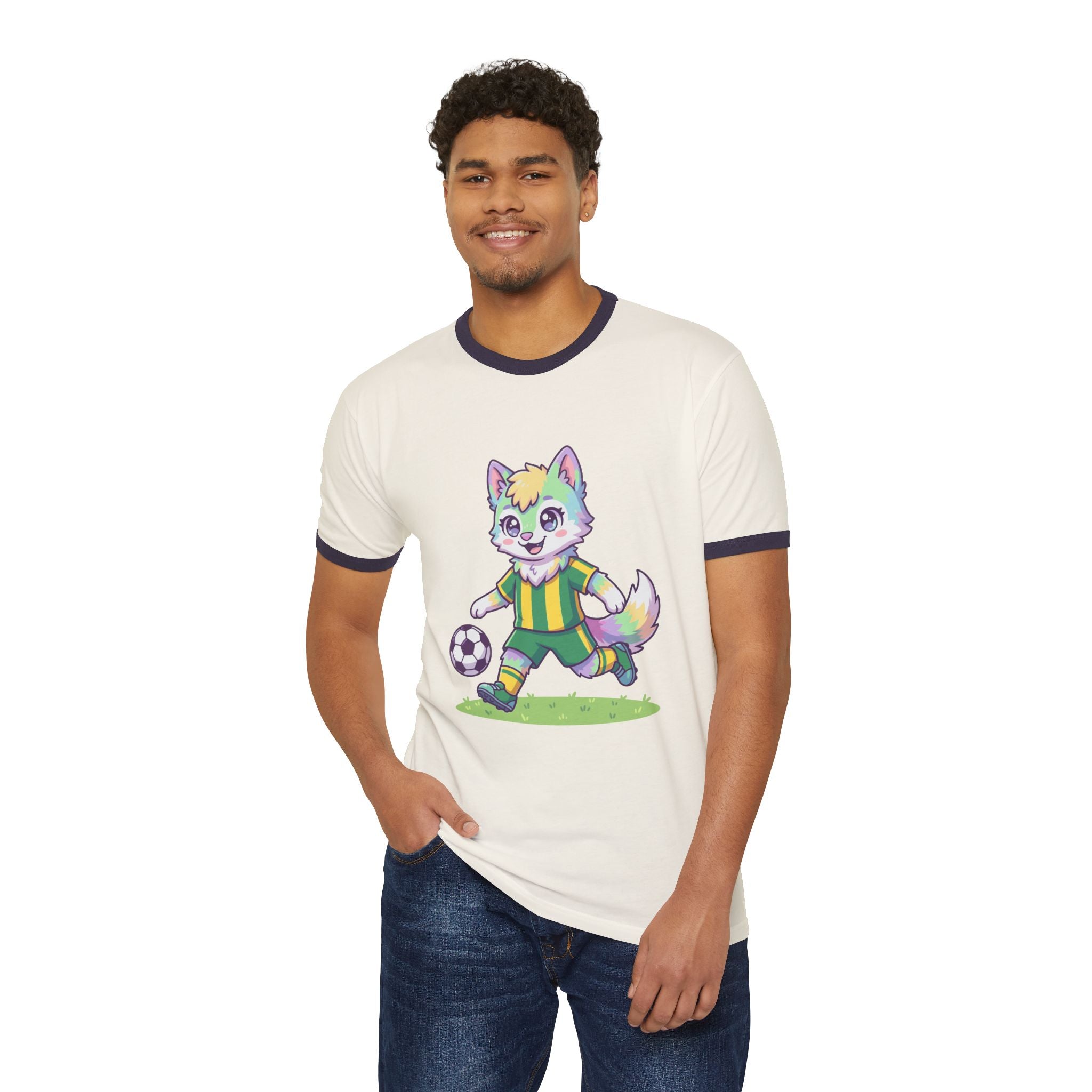 Soccer Rainbow Fox Kids Ringer T-Shirt | Cute Cartoon Fox Playing Soccer
