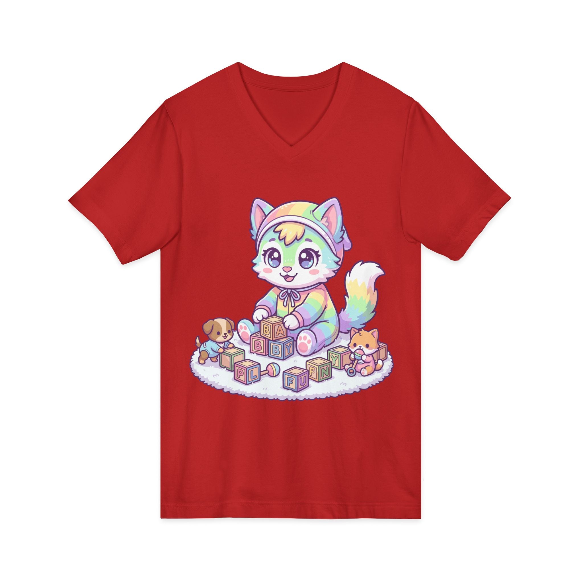 Baby Kawaii Rainbow Kitten Playing With Blocks V-Neck Tee