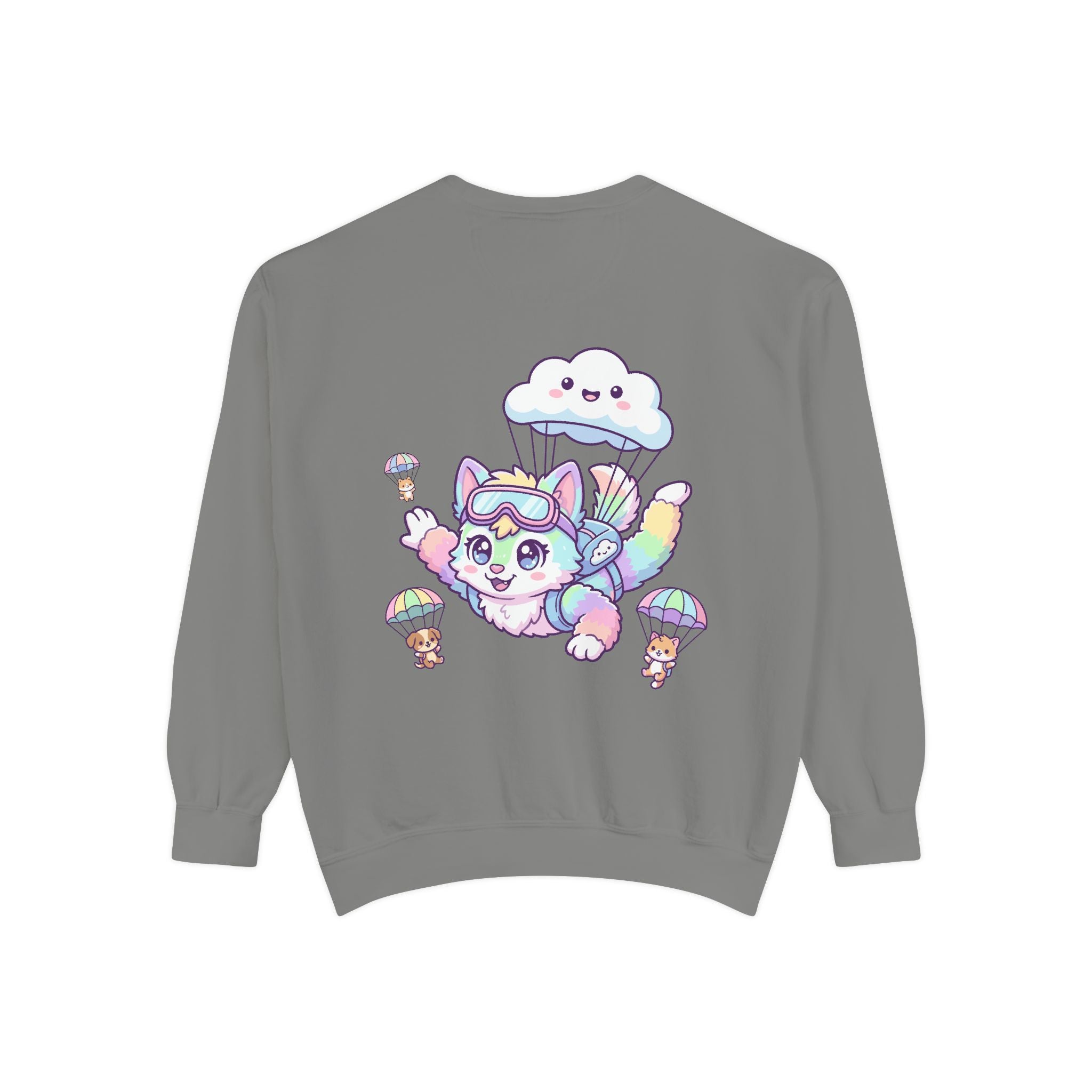 Cute Retro Rainbow Skydiving Furry Sweatshirt | Pocket Graphic T-Shirt