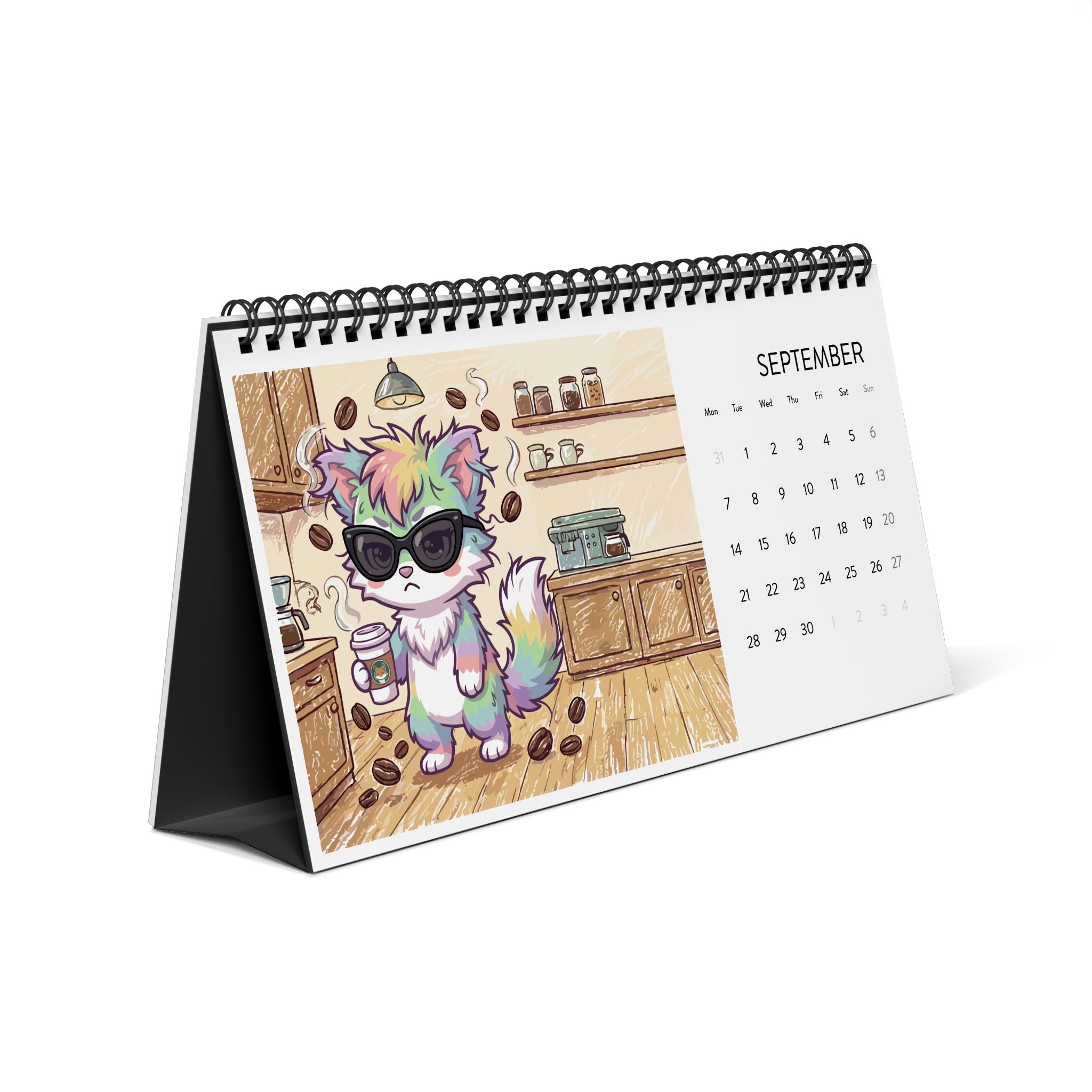 2026 Simplex Desk Calendar — Cute Cool Cat Cabin Art (Grid Planner)
