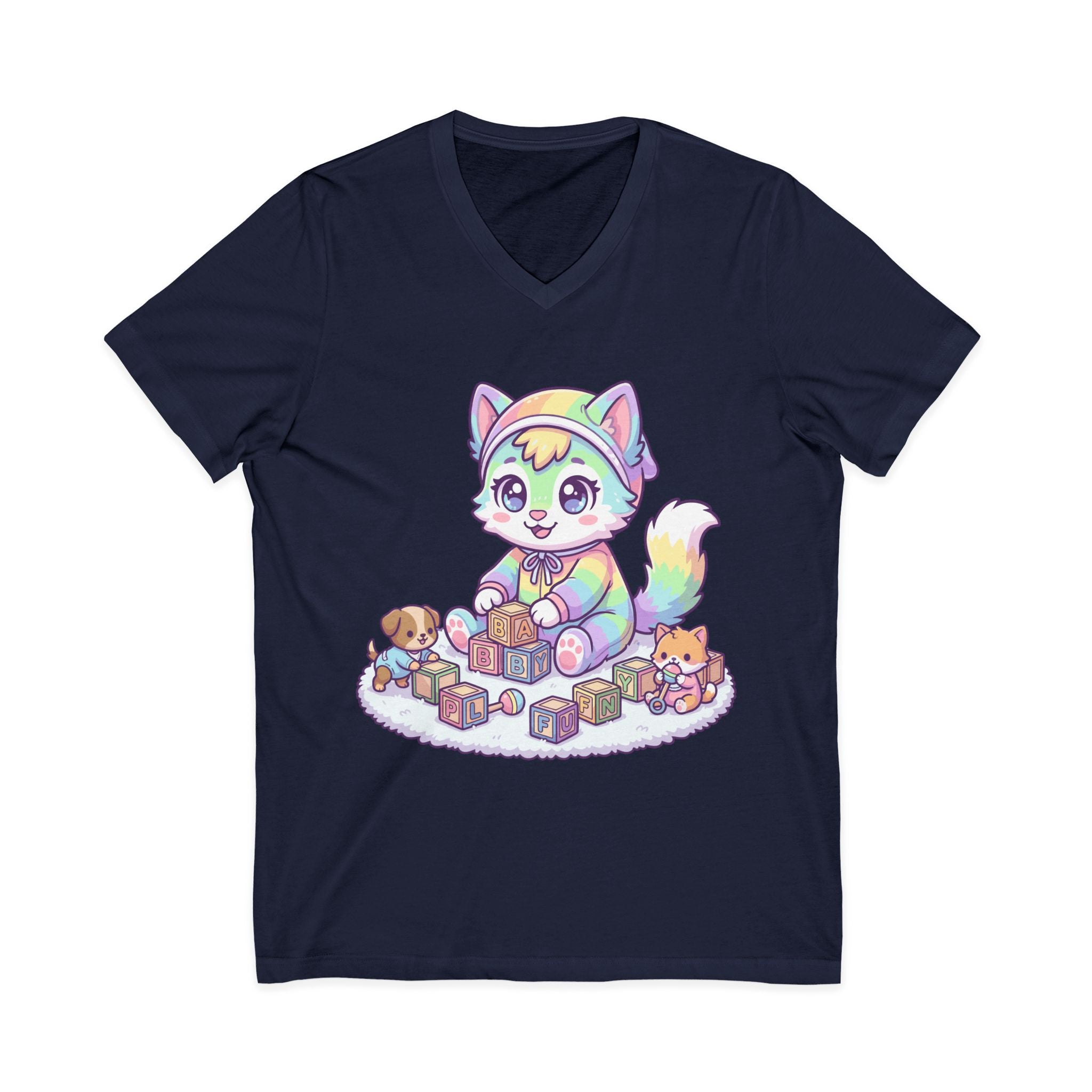 Baby Kawaii Rainbow Kitten Playing With Blocks V-Neck Tee