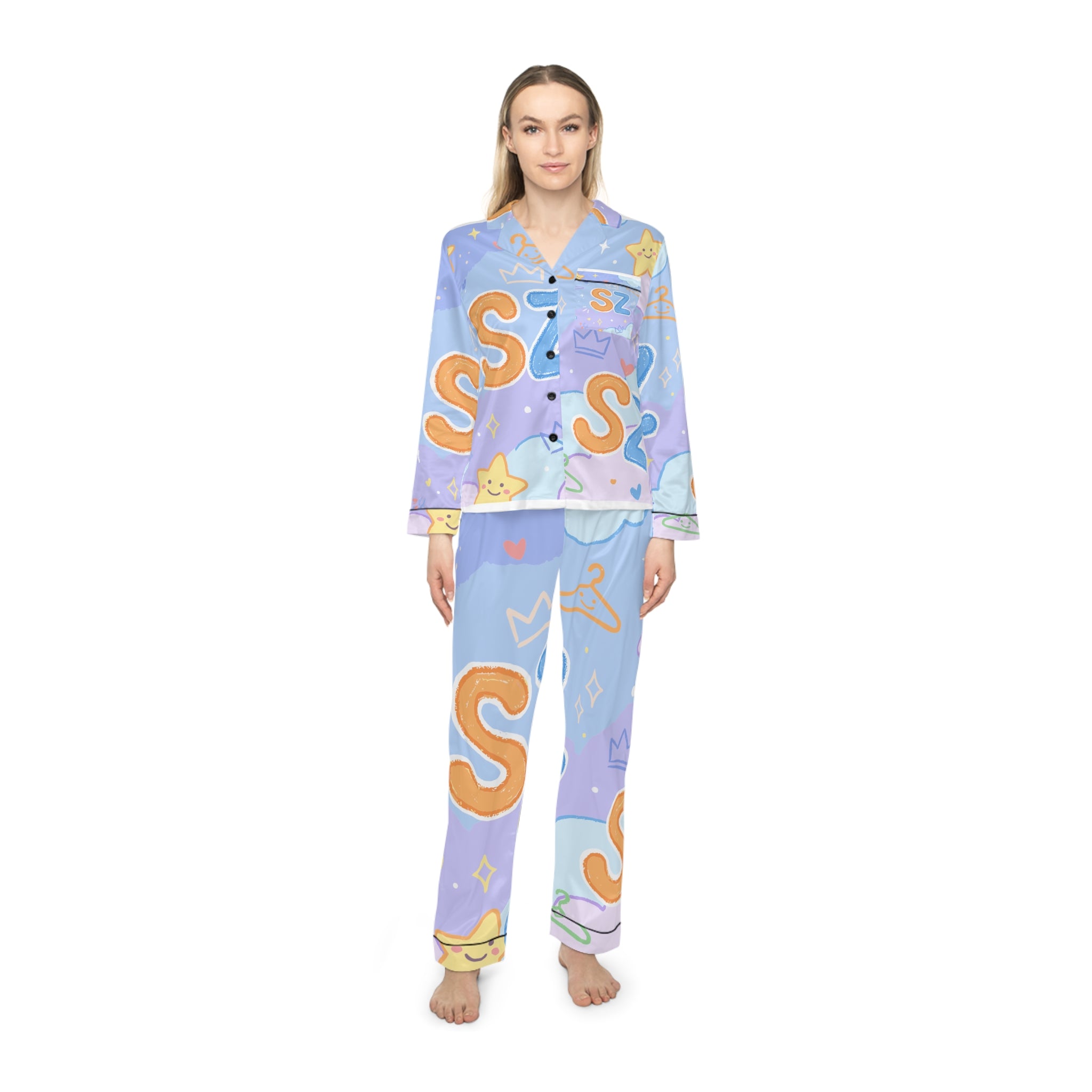 Satin Pajamas — Pastel Cute 'S Z' Star Print Sleep Set