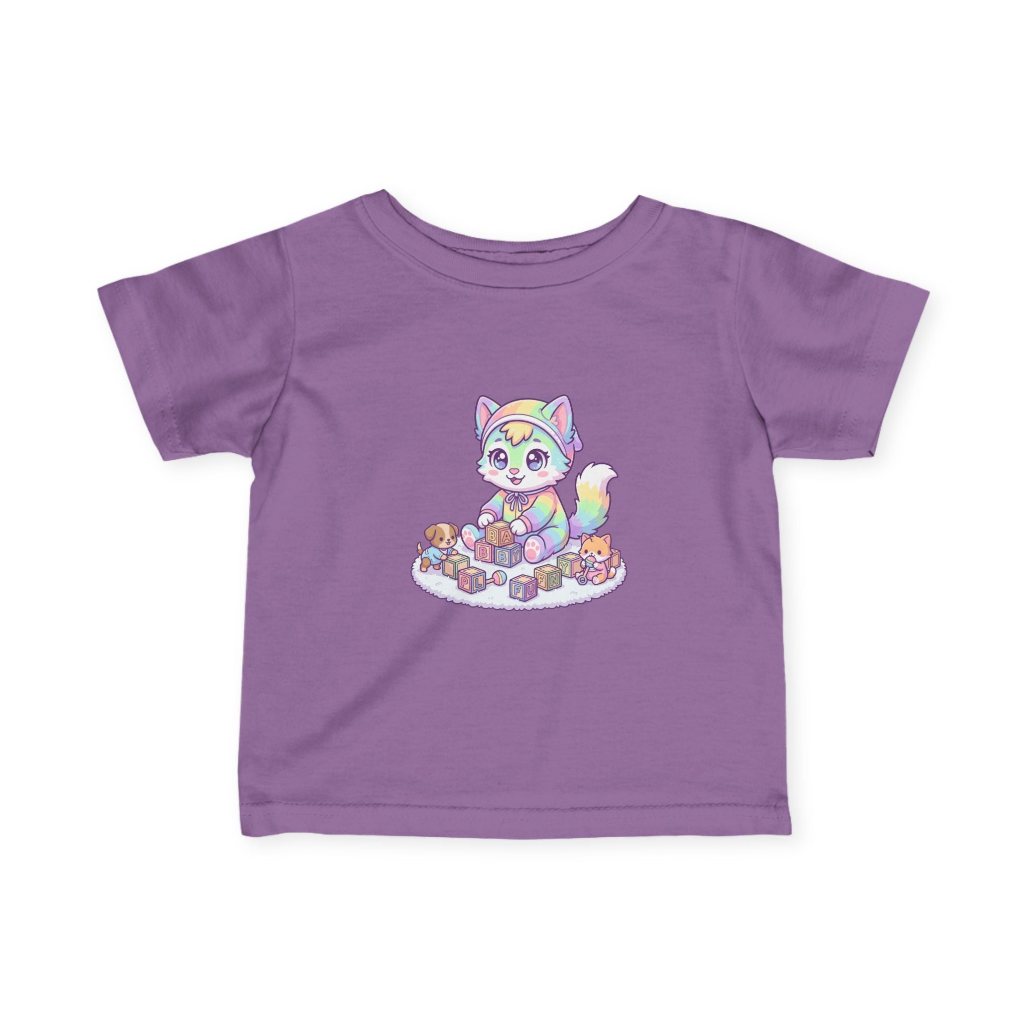 Pastel Rainbow Kitten Infant Tee – Cute Kitty with Toy Blocks