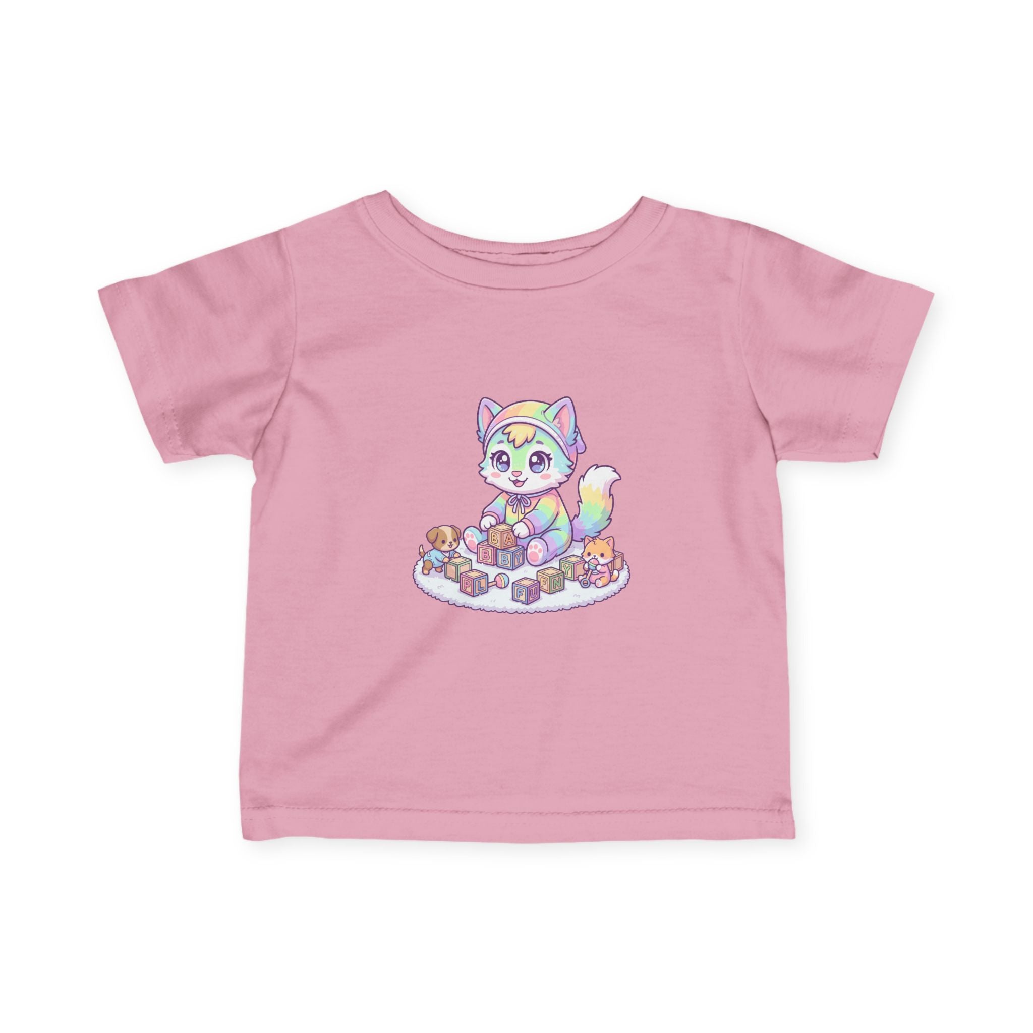 Pastel Rainbow Kitten Infant Tee – Cute Kitty with Toy Blocks