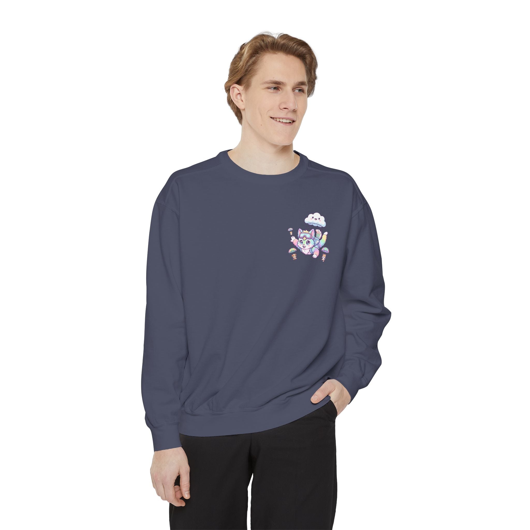 Cute Retro Rainbow Skydiving Furry Sweatshirt | Pocket Graphic T-Shirt