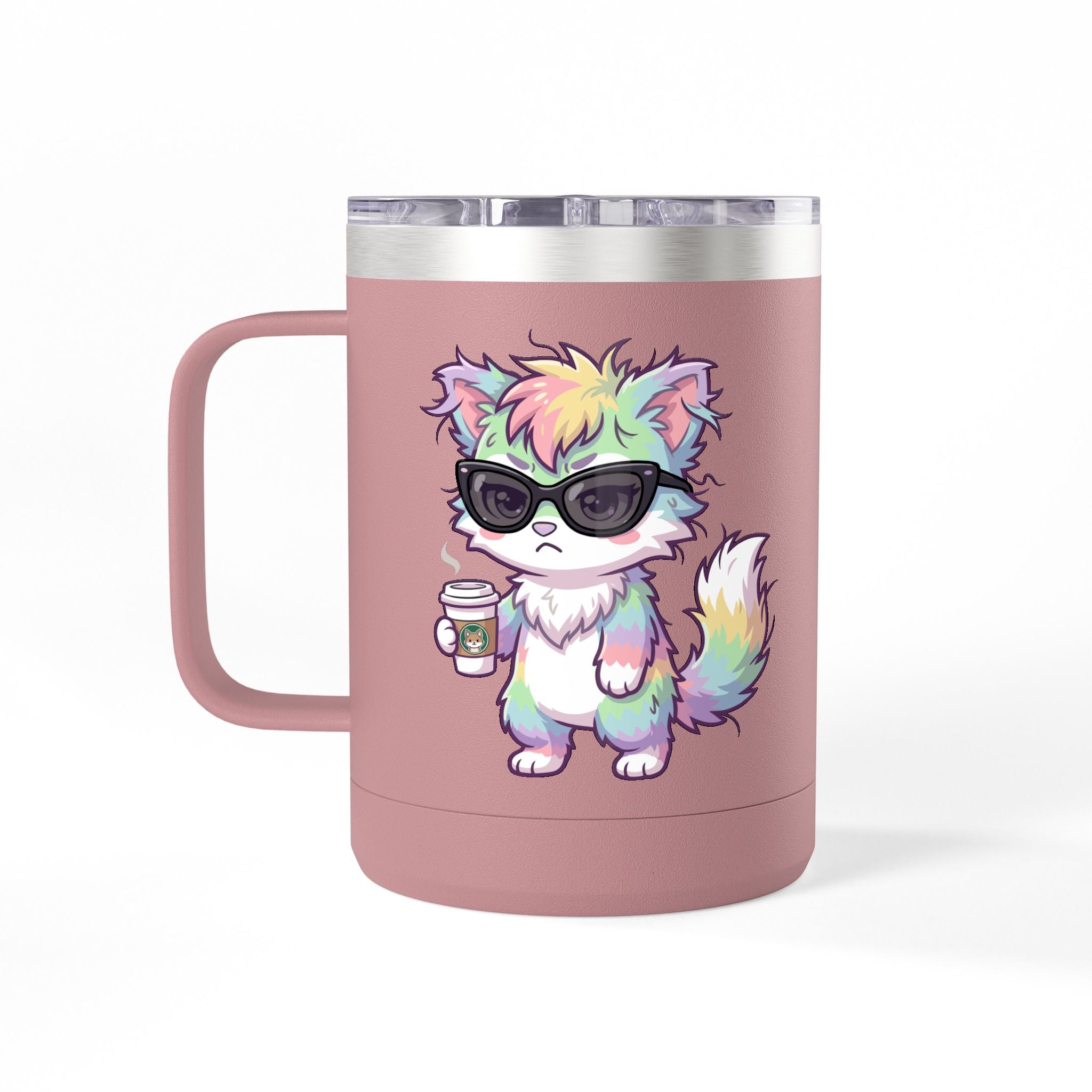 15oz Travel Mug – Cute Grumpy Rainbow Furry with Coffee