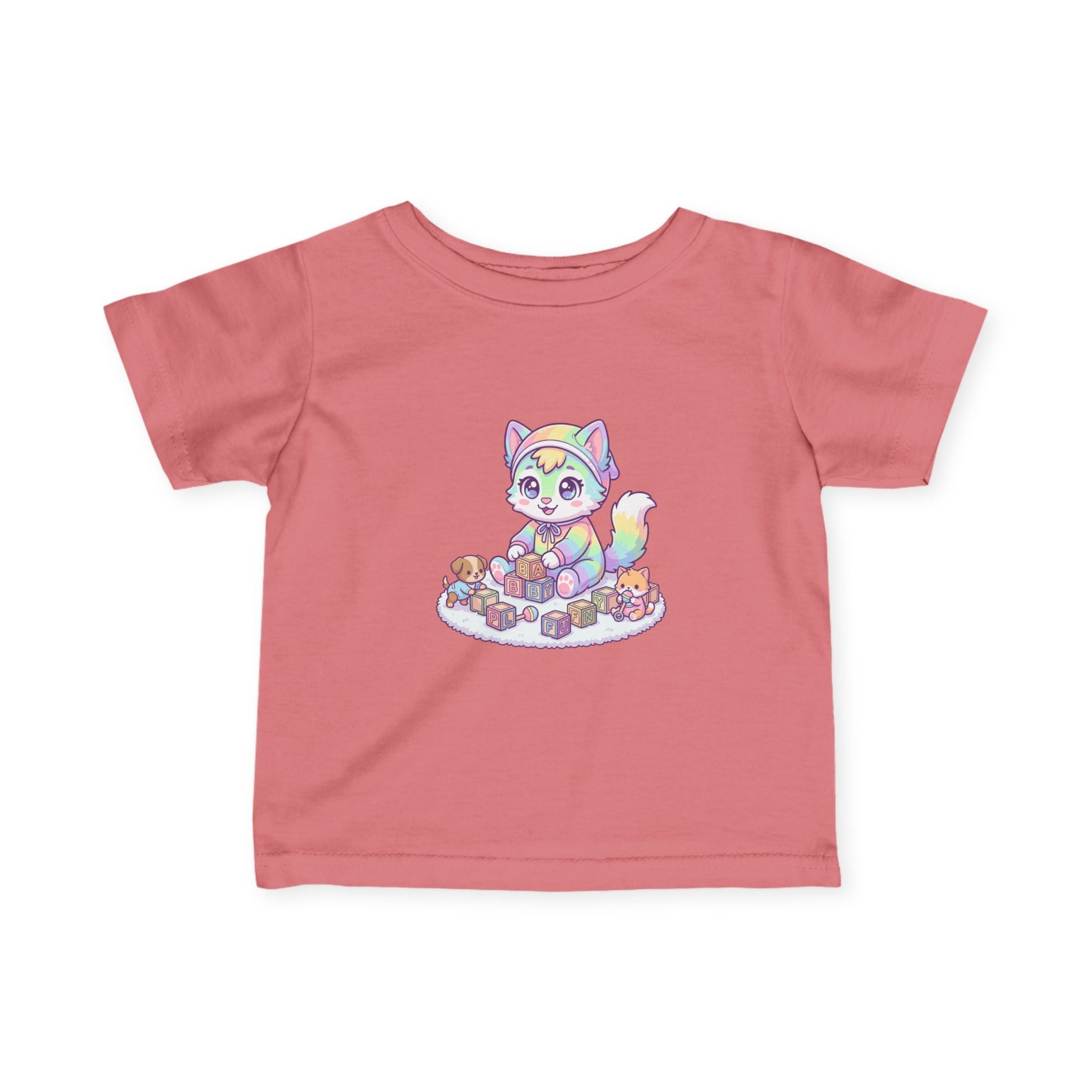 Pastel Rainbow Kitten Infant Tee – Cute Kitty with Toy Blocks
