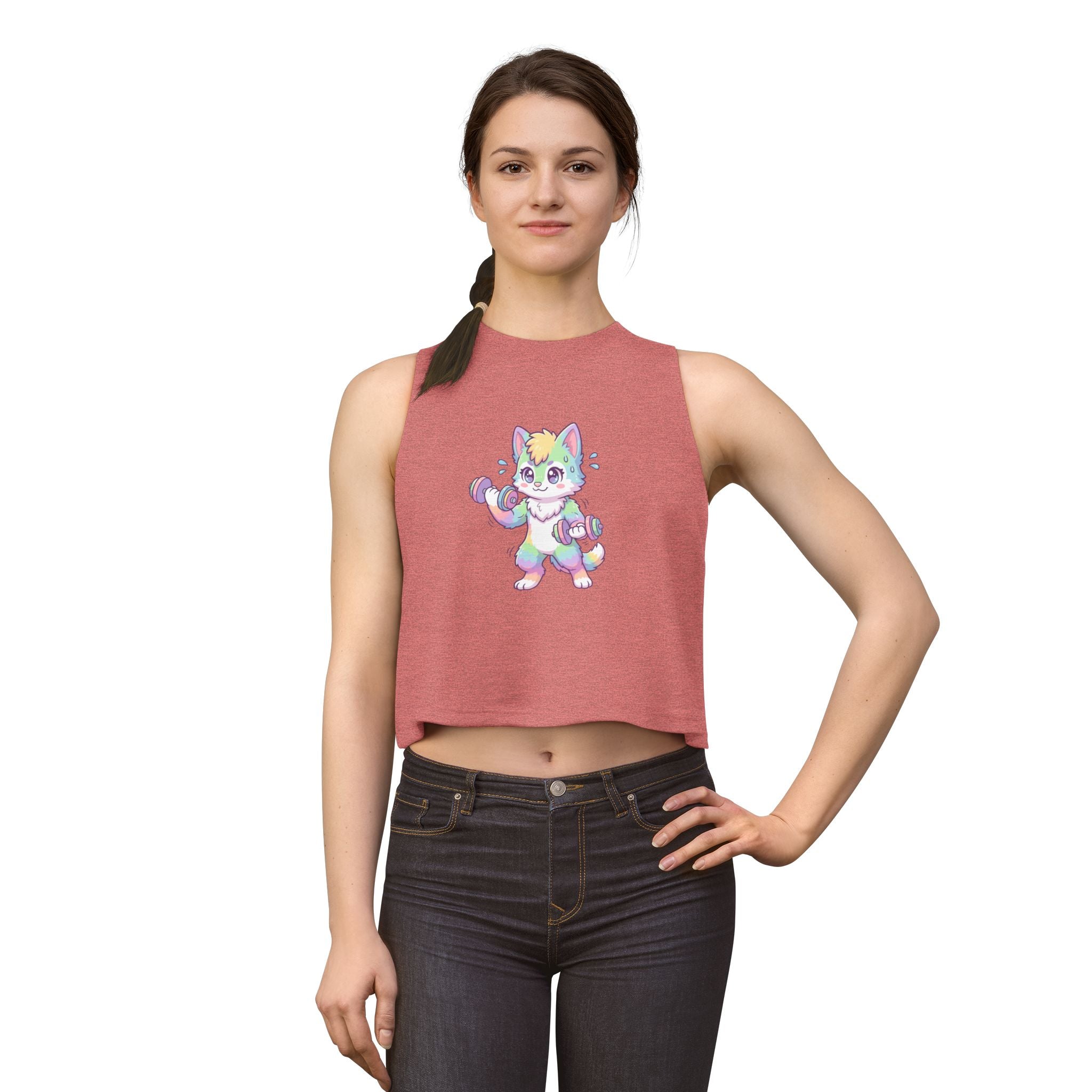 Lift Cute Pastel Fitness Cat Crop Top — Rainbow Kitty with Dumbbells