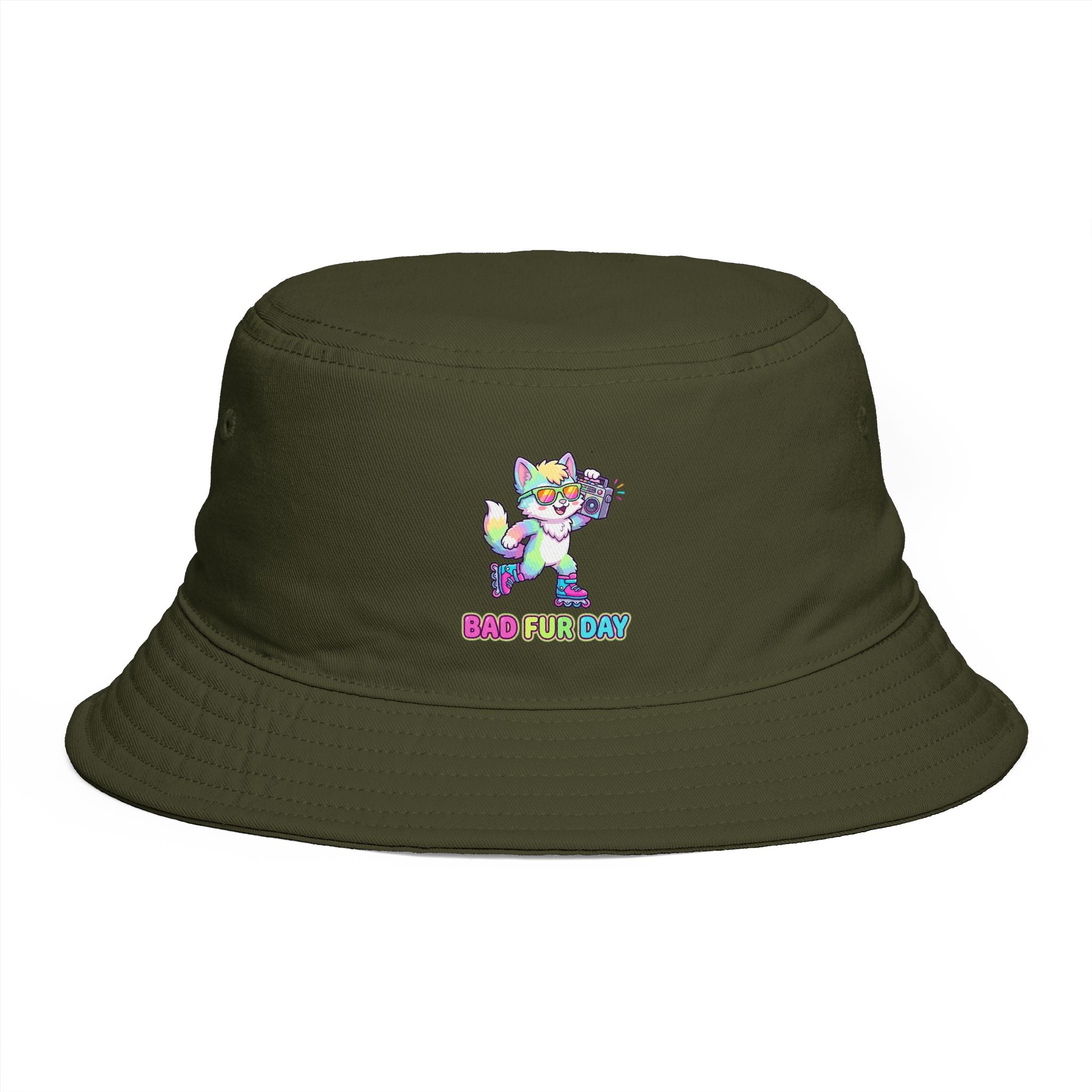 Cute Neon Furry Fox Bucket Hat — "Bad Fur Day" Embroidered Cute Animal Sun Hat