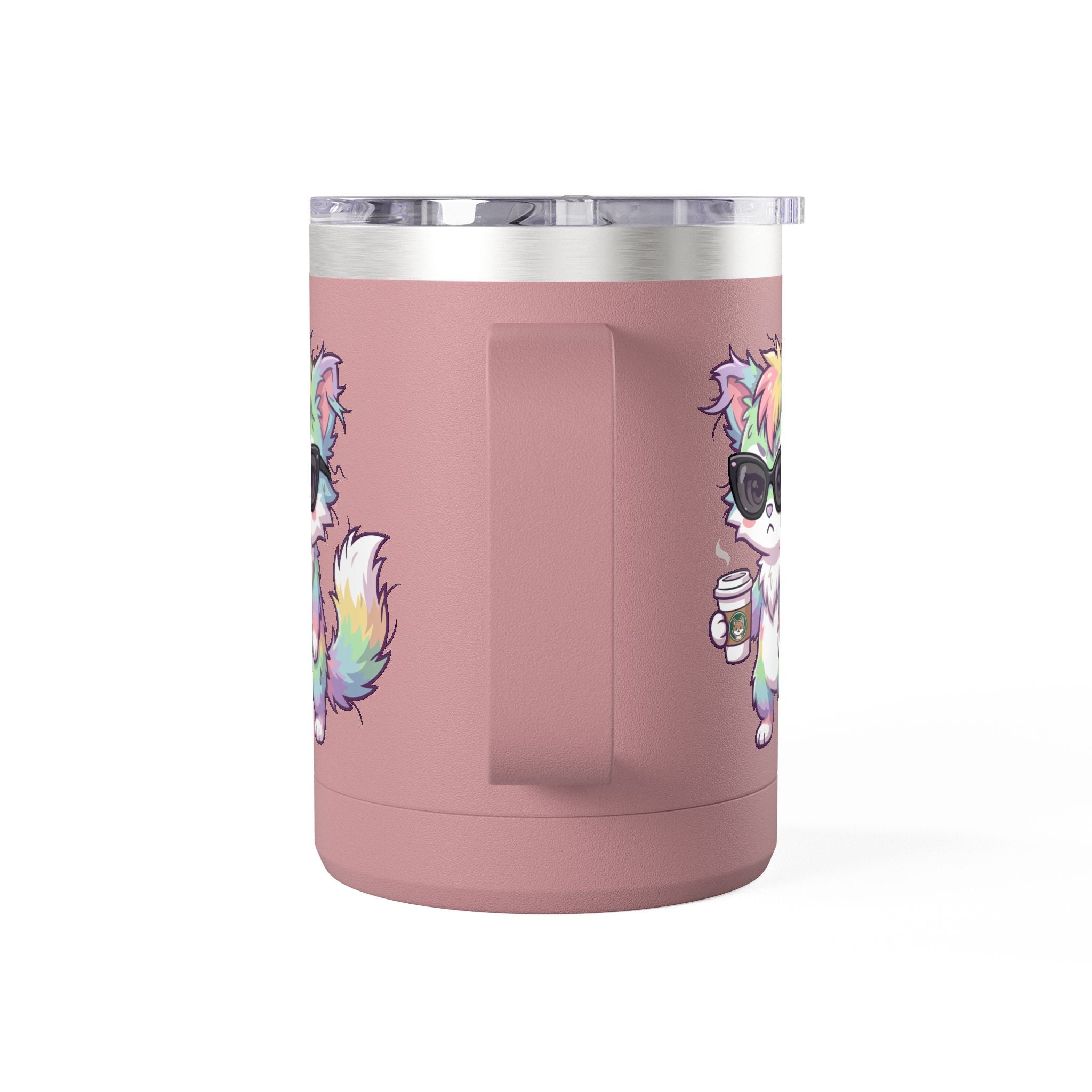 15oz Travel Mug – Cute Grumpy Rainbow Furry with Coffee