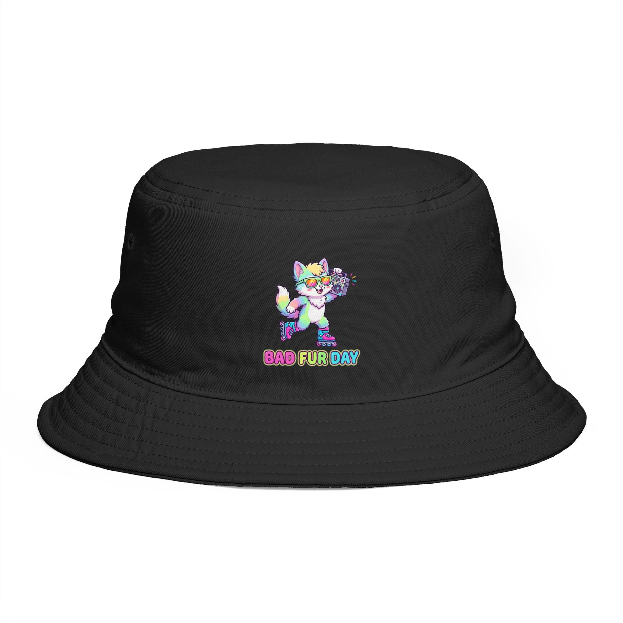 Cute Neon Furry Fox Bucket Hat — "Bad Fur Day" Embroidered Cute Animal Sun Hat