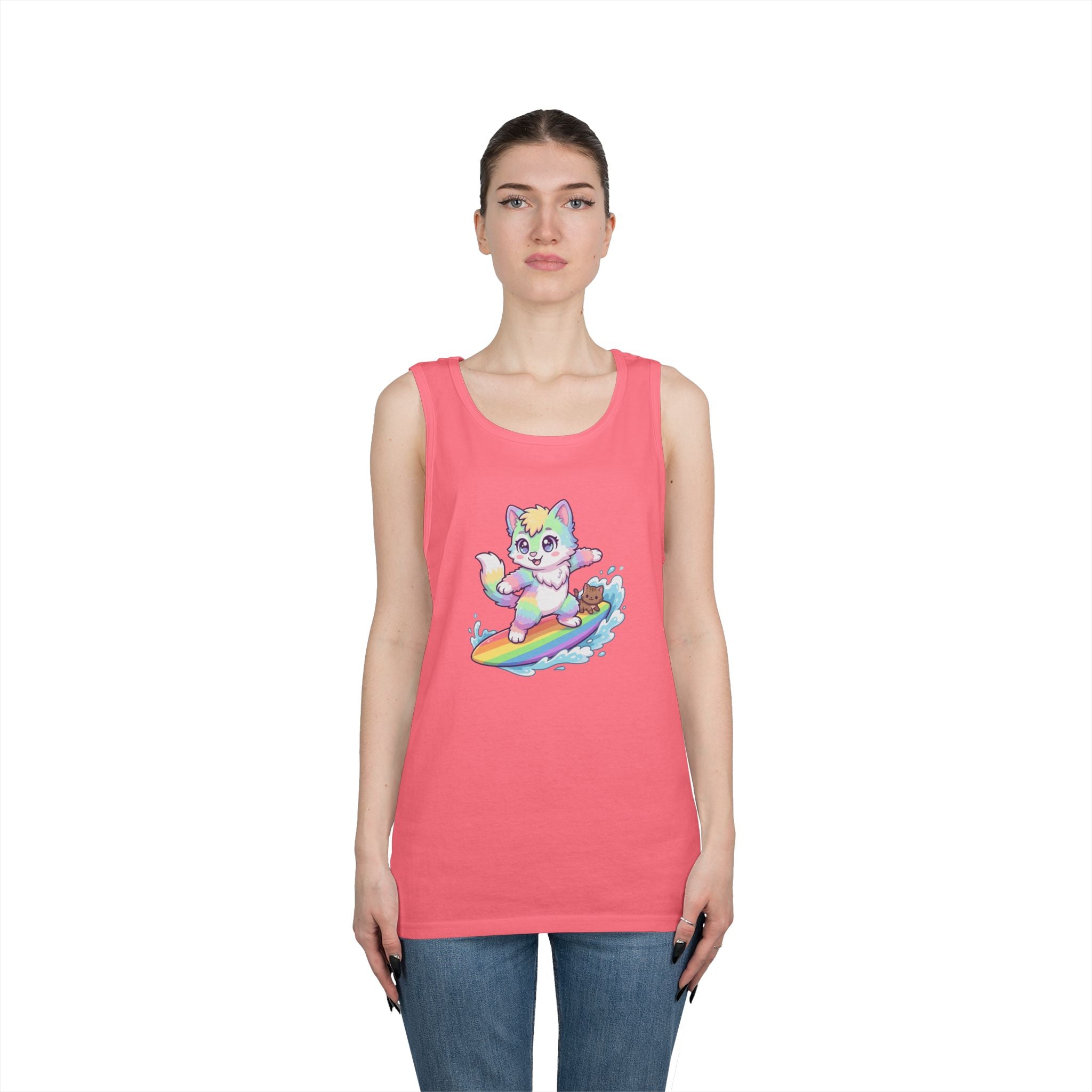 Kawaii Cat Surfing Rainbow Tank