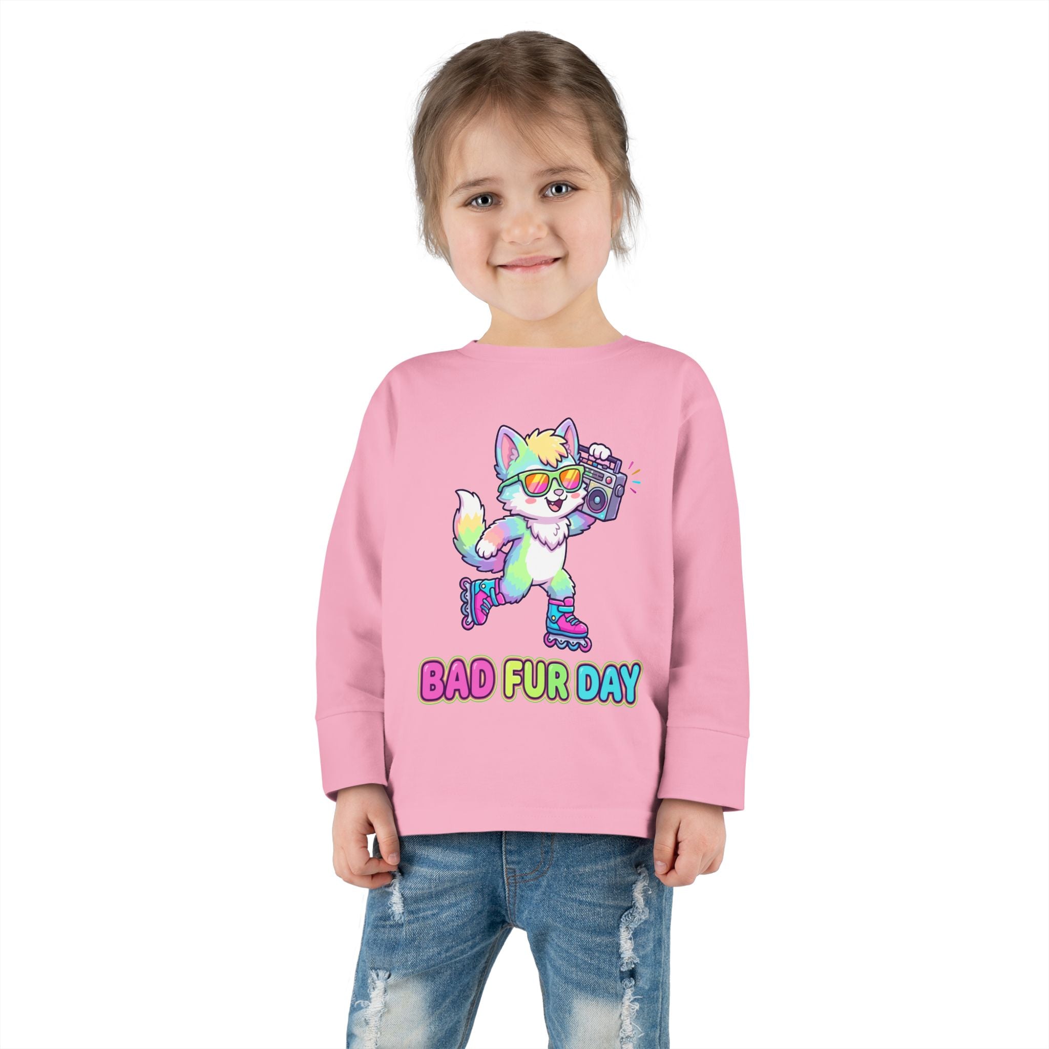 Toddler Long Sleeve Tee — "Bad Fur Day" Rainbow Roller Fox Kids Shirt