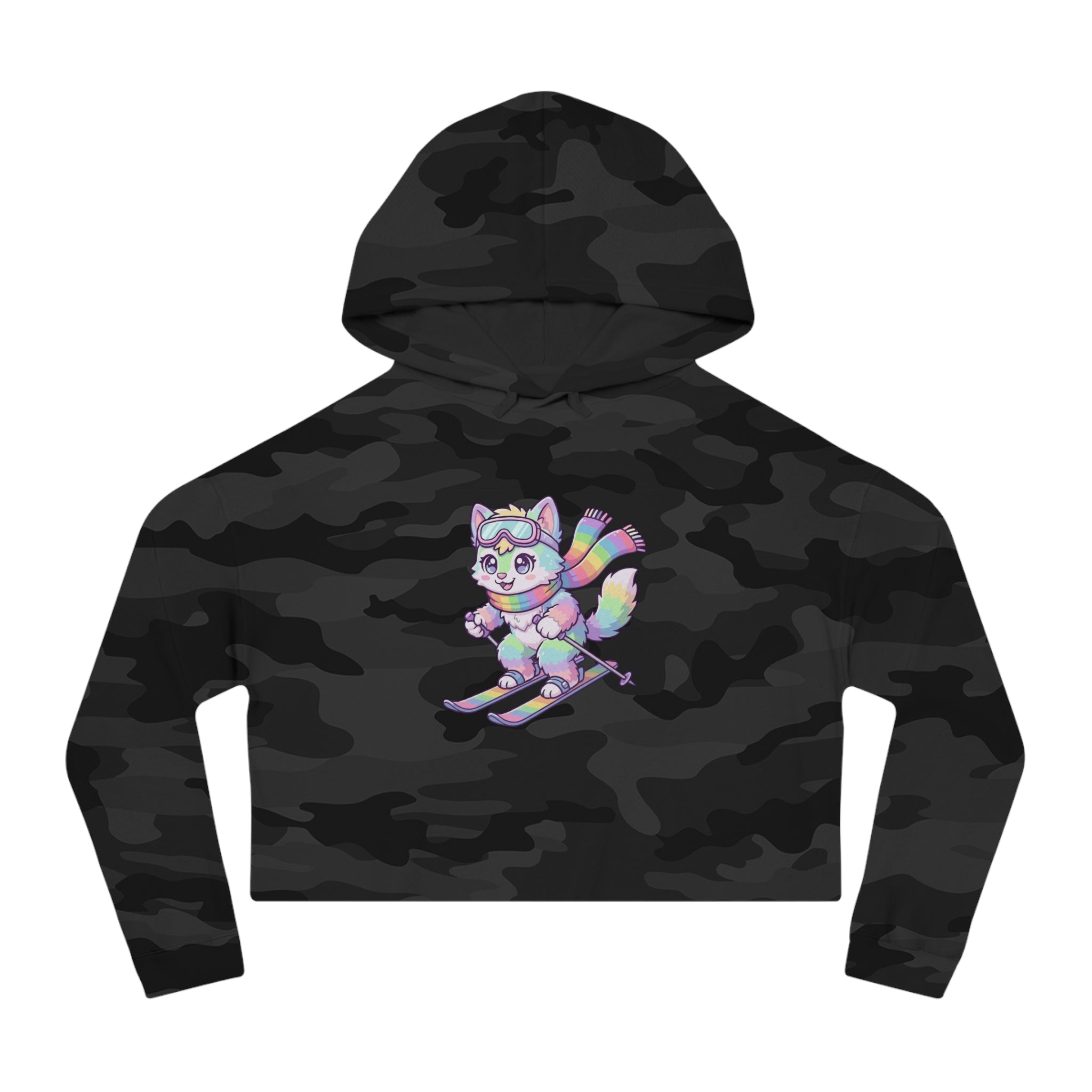 Rainbow Ski Cat Cropped Hoodie — Cute Pastel Cat Skiing Graphic Sweatshirt