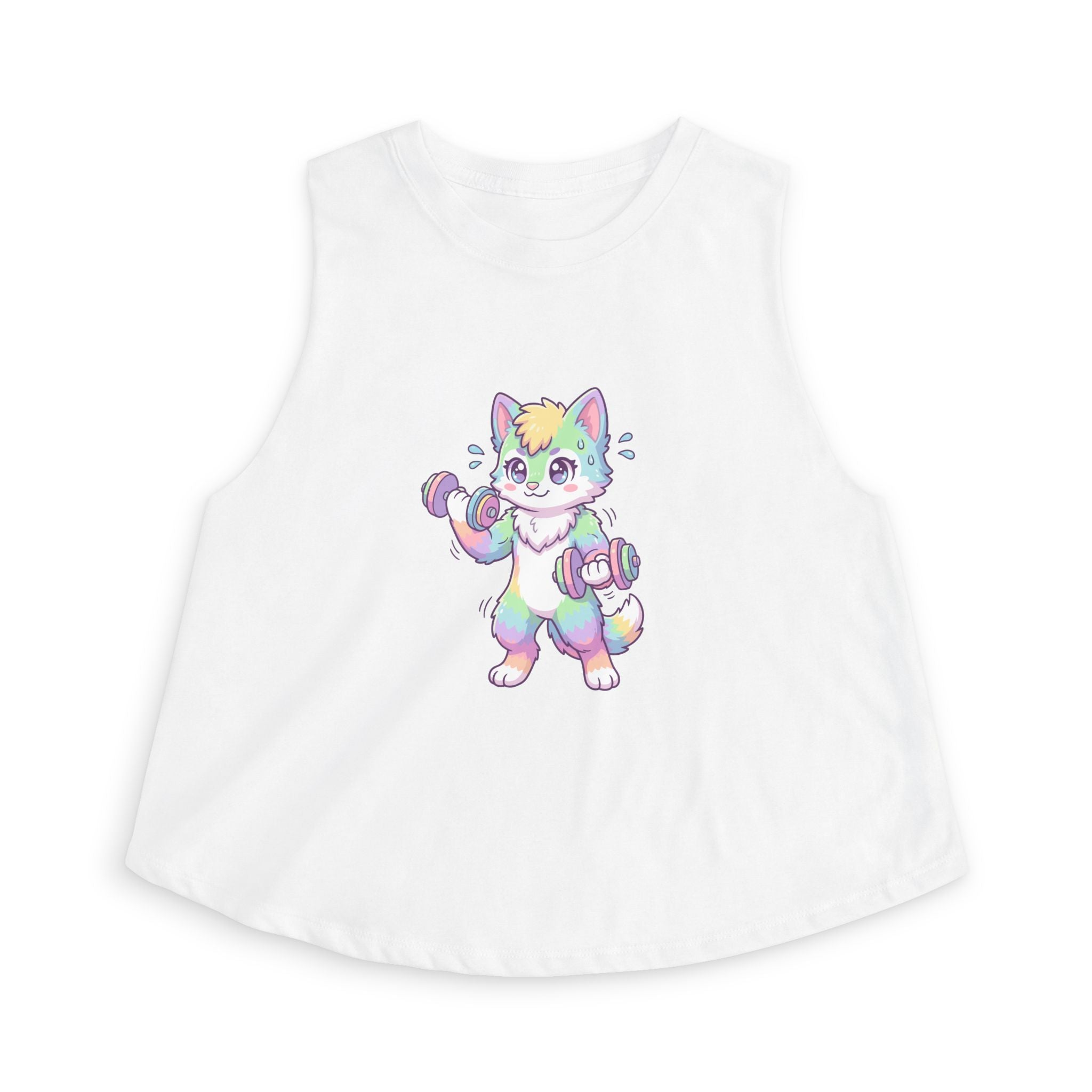 Lift Cute Pastel Fitness Cat Crop Top — Rainbow Kitty with Dumbbells