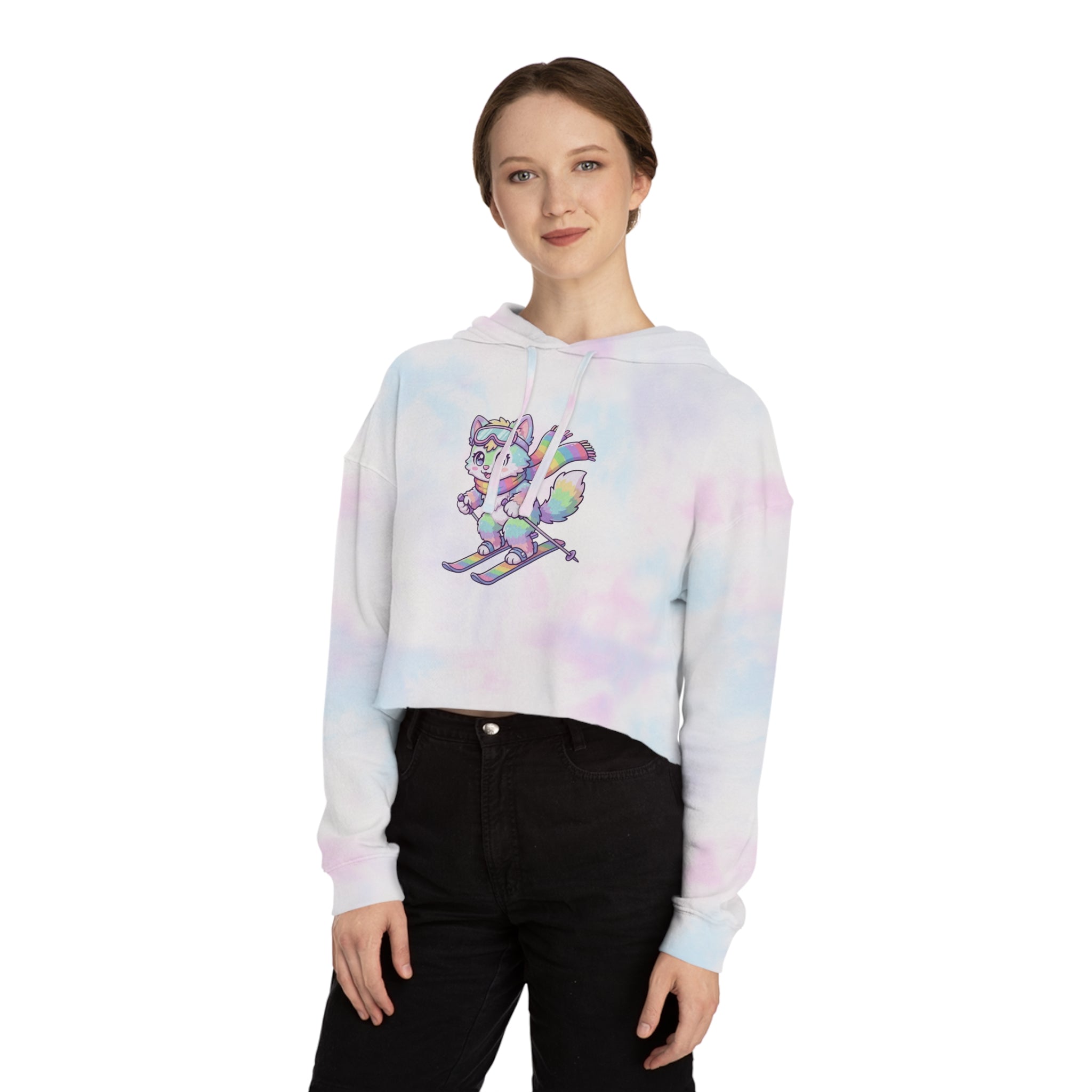 Rainbow Ski Cat Cropped Hoodie — Cute Pastel Cat Skiing Graphic Sweatshirt