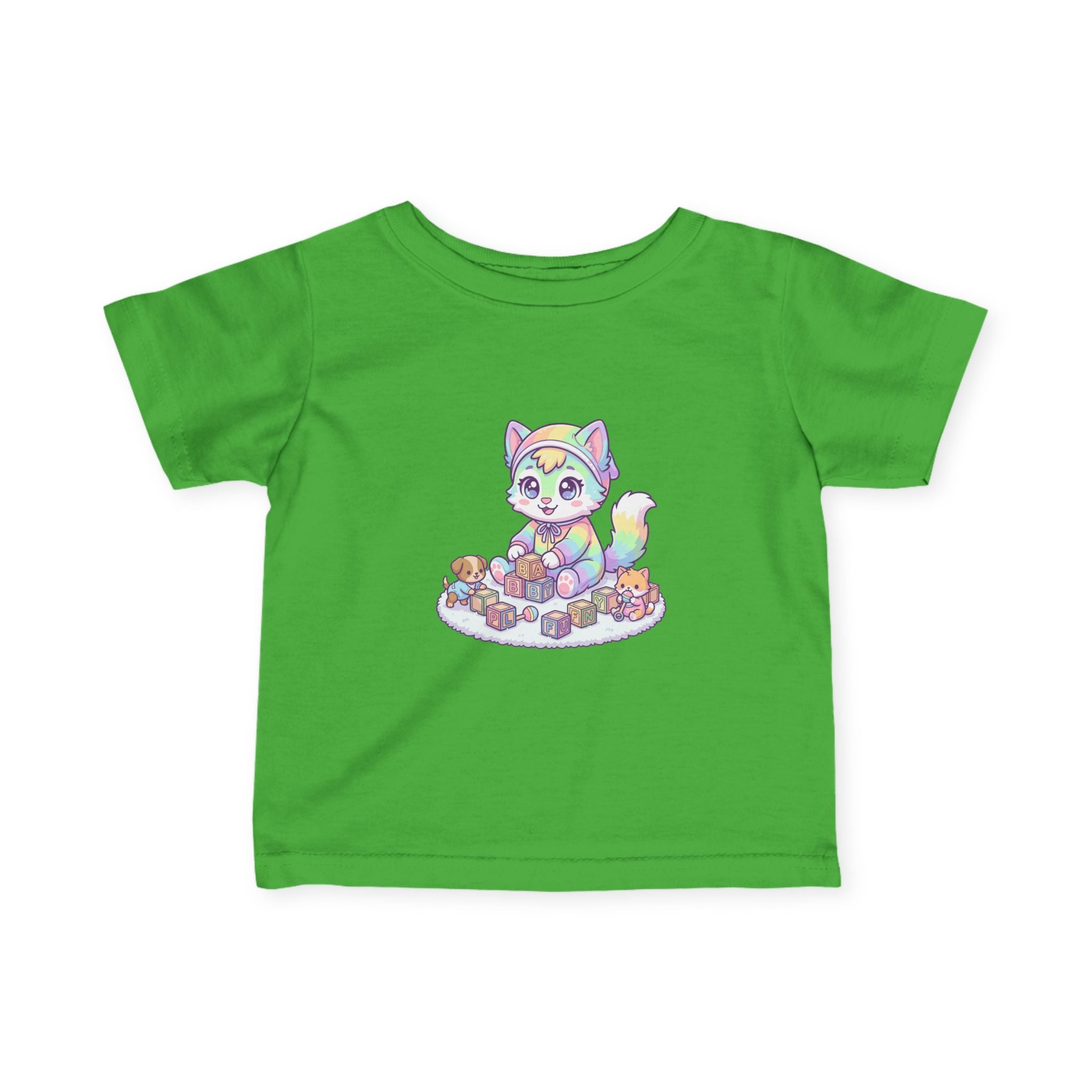 Pastel Rainbow Kitten Infant Tee – Cute Kitty with Toy Blocks
